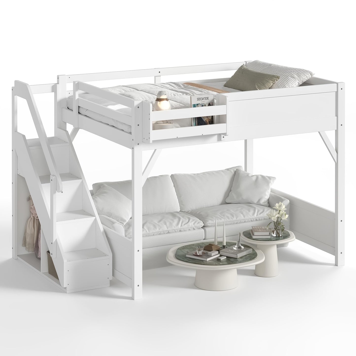 KEIKI Solid Wood Queen Size Loft Bed Frame with Stairs, Built-in Wardrobe and Storage Space, Queen Loft Bed with Shelves, Queen-Length Guardrails, No Box Spring Needed for Bedroom, Light White