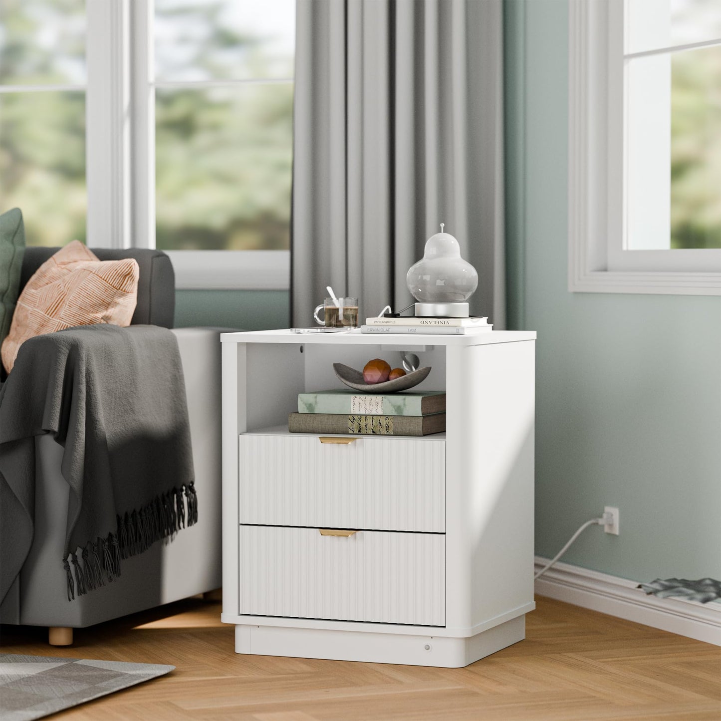 BONITURE Fluted Night Stand Set of 2, Curved Nightstands with Charging Station Lighting, Wood End Table with 2 Drawers, Modern Side Table Storage Cabinet for Bedroom Office,(2, White)