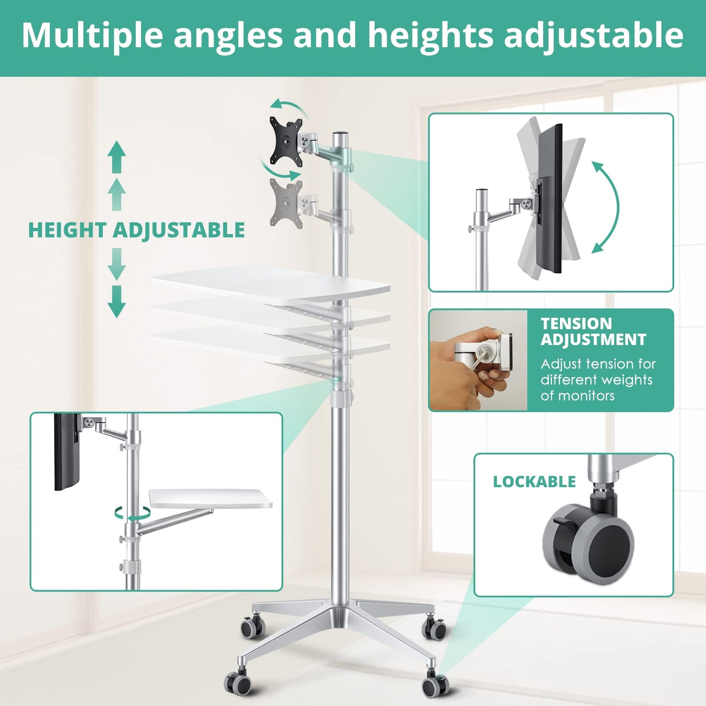 viozon Mobile Desk,Mobile Workstation,Mulitiuse Rolling Laptop Floor Stand,34"-48.6" Height Adjustable,Compatible with 17"-27"Monitor&12"-17"Laptop,21"×14" Desk Board,Maxload 17.6lbs,4 Lockable Wheels