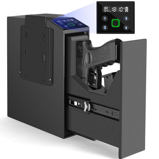 Biometric Slider Handgun Gun Safe with LCD Screen of Temp Humidity Time for Nightstand, Desk, Bed Side, Wall, Truck