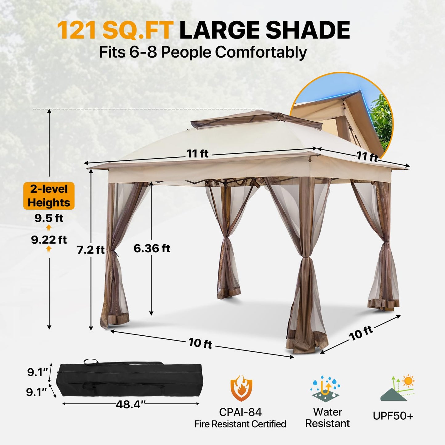 COOS BAY 11x11 Pop Up Gazebo with Mesh Netting, Instant Outdoor Canopy Tent, Water Resistant Shelter with UPF 50+ UV Protection, 121 Sq Ft Coverage, Beige