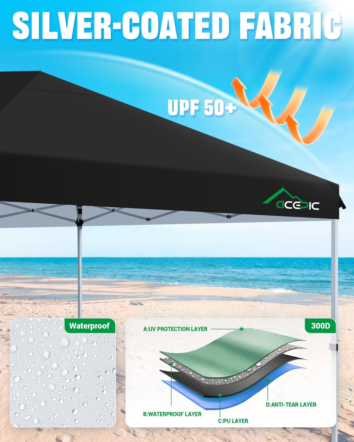 Acepic 10x20 Pop Up Canopy Tent with 6 Removable Sidewalls, Easy Set-up 2 Central Lock Outdoor Party Tent, Commercial Canopy, Stakes x8, Ropes x4, Sandbags x4, Hand Bag x1(Black, 10 * 20)