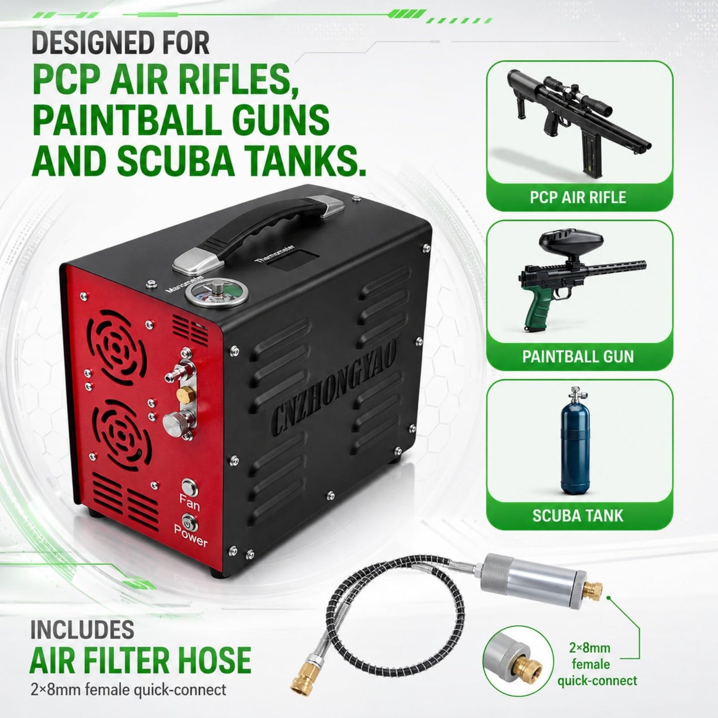 PORTAIR 4500PSI Portable HPA Compressor,Auto-Stop, Oil/Water-Free, Built-in Power Converter PCP Air Compressor for Air Rifle, Scuba Tank, Powered by Car Battery 12V DC or Home 110V AC (Black)
