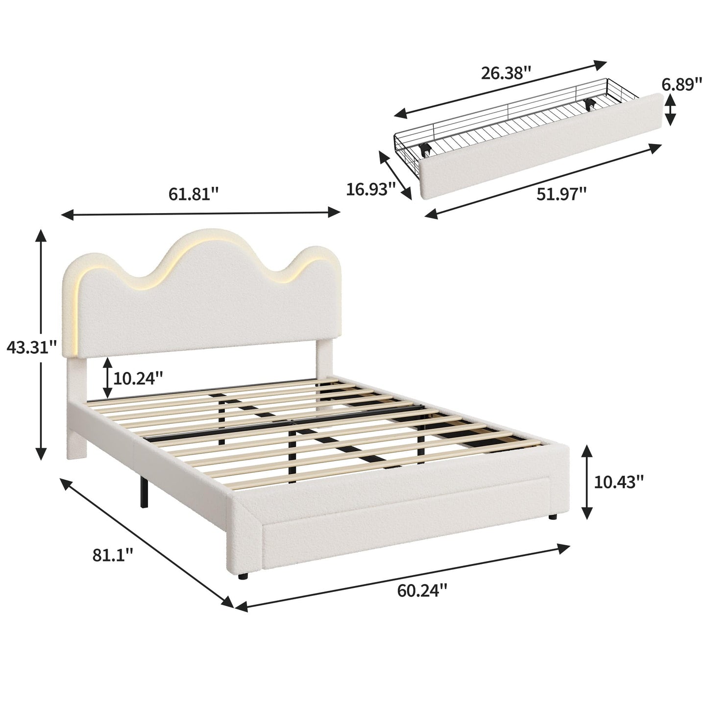 IDEALHOUSE Queen Bed Frame with LED Headboard and Under-Bed Drawer, Metal Upholstered Platform Bed with LED Light for Kids, Girls, Lamb Fleece Fabric, Wooden Slats Support, No Box Spring Needed, White