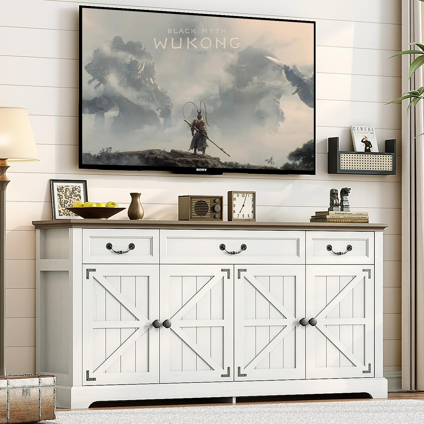 Vipbear 65" Large Sideboard Buffet Cabinet with Storage, Farmhouse Buffet Table Wine Coffee Bar Kitchen Storage Cabinet with 3 Drawers 4 Doors for Living Room, Kitchen, Dining Room, White