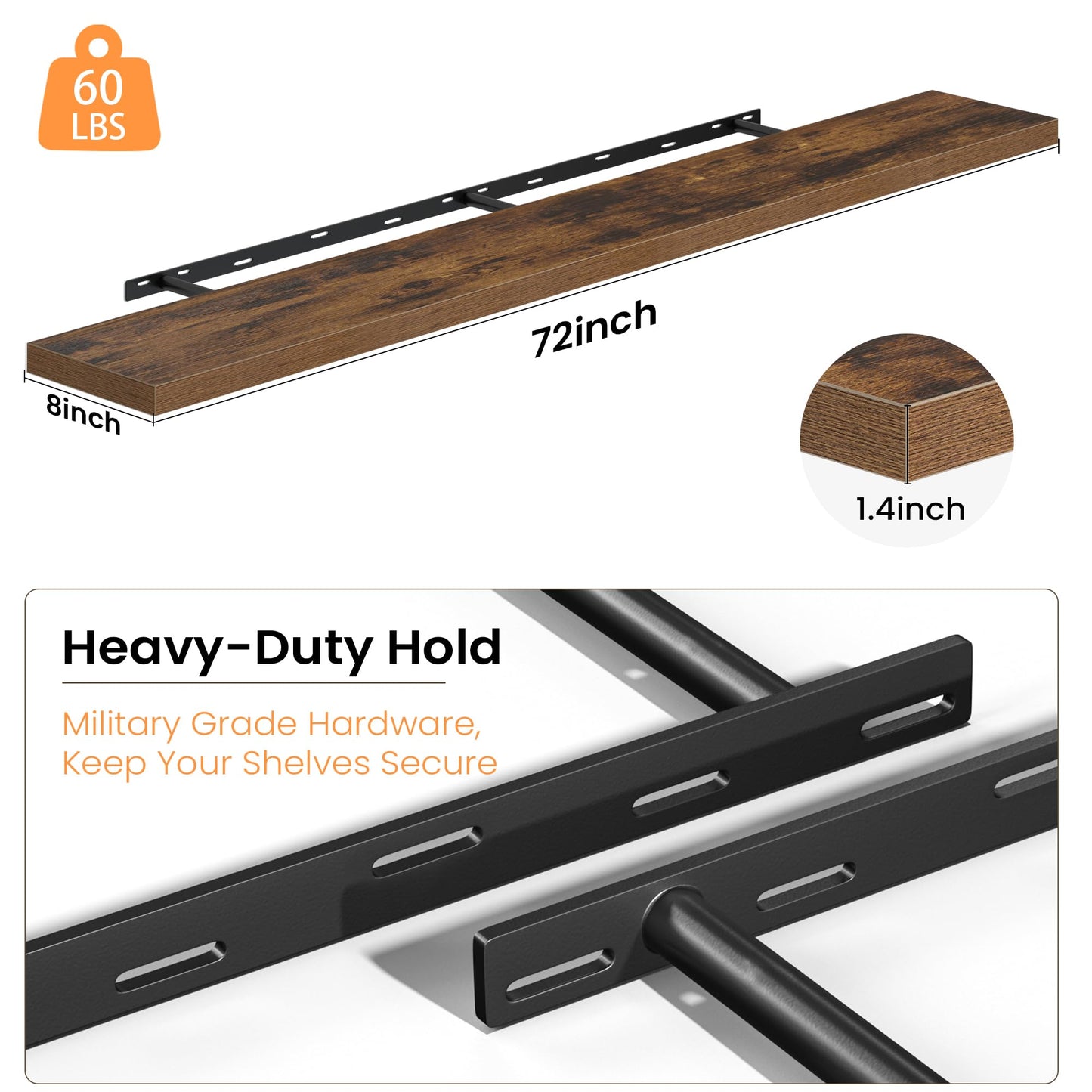 Fun Memories Floating Shelves for Wall, 72 Inch Long Set of 2 Rustic Wood Wall Shelves with Invisible Brackets, Heavy Duty Storage Display for Living Room Bedroom Kitchen, Brown