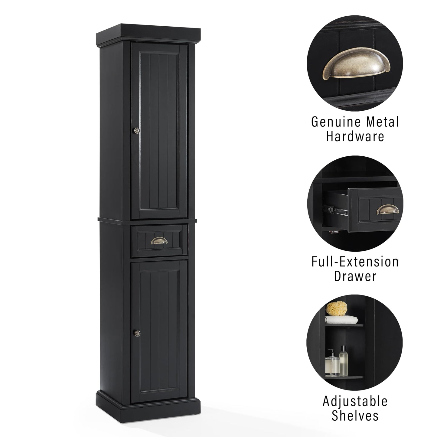Crosley Furniture Seaside Tall Linen Storage Cabinet and Bathroom Organizer with a Drawer and Shelves, Distressed Black