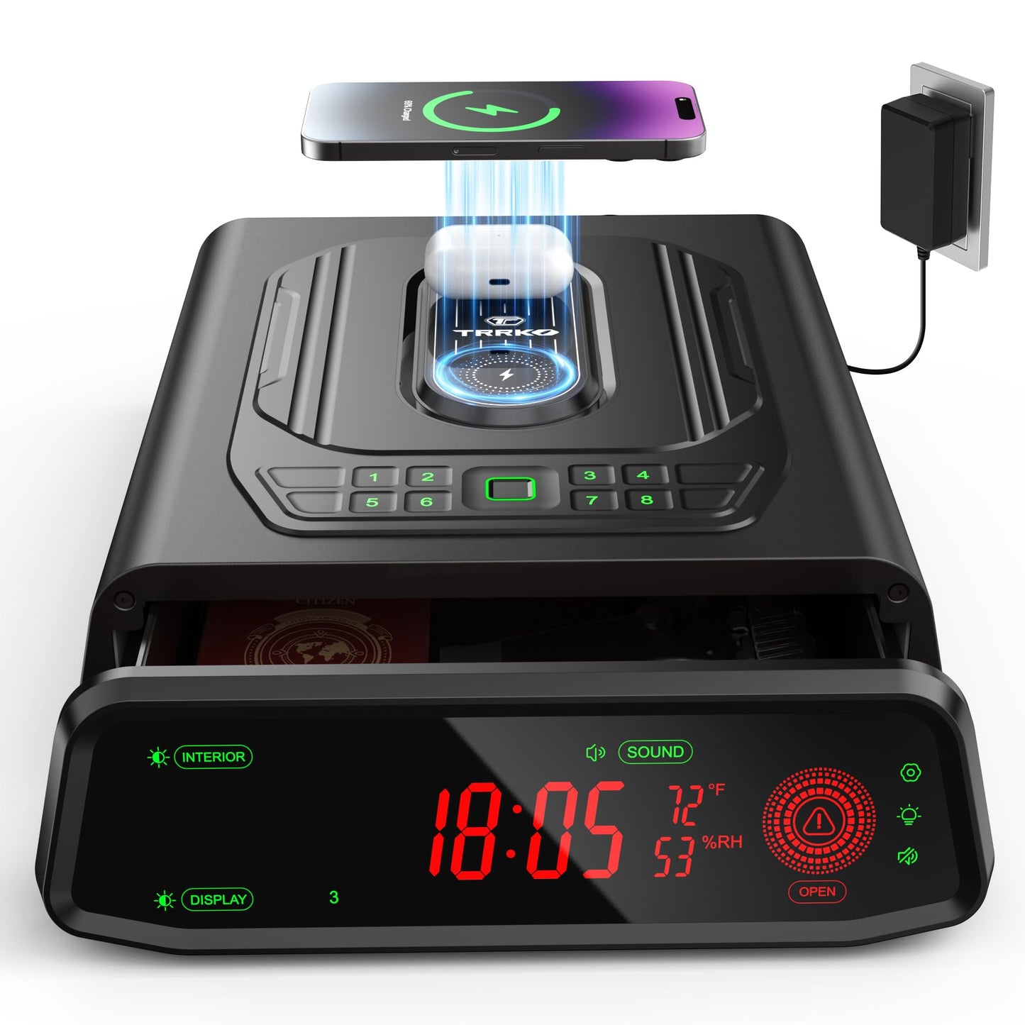 TRRKO Biometric Gun Safe for Handgun | 0.3S Auto-Open Quick Access Pistol Safe with Fingerprint & Wireless Charger, Smart LED Display, Handgun Safe for Nightstand/Bedside/Home, Gift for Gun Owners