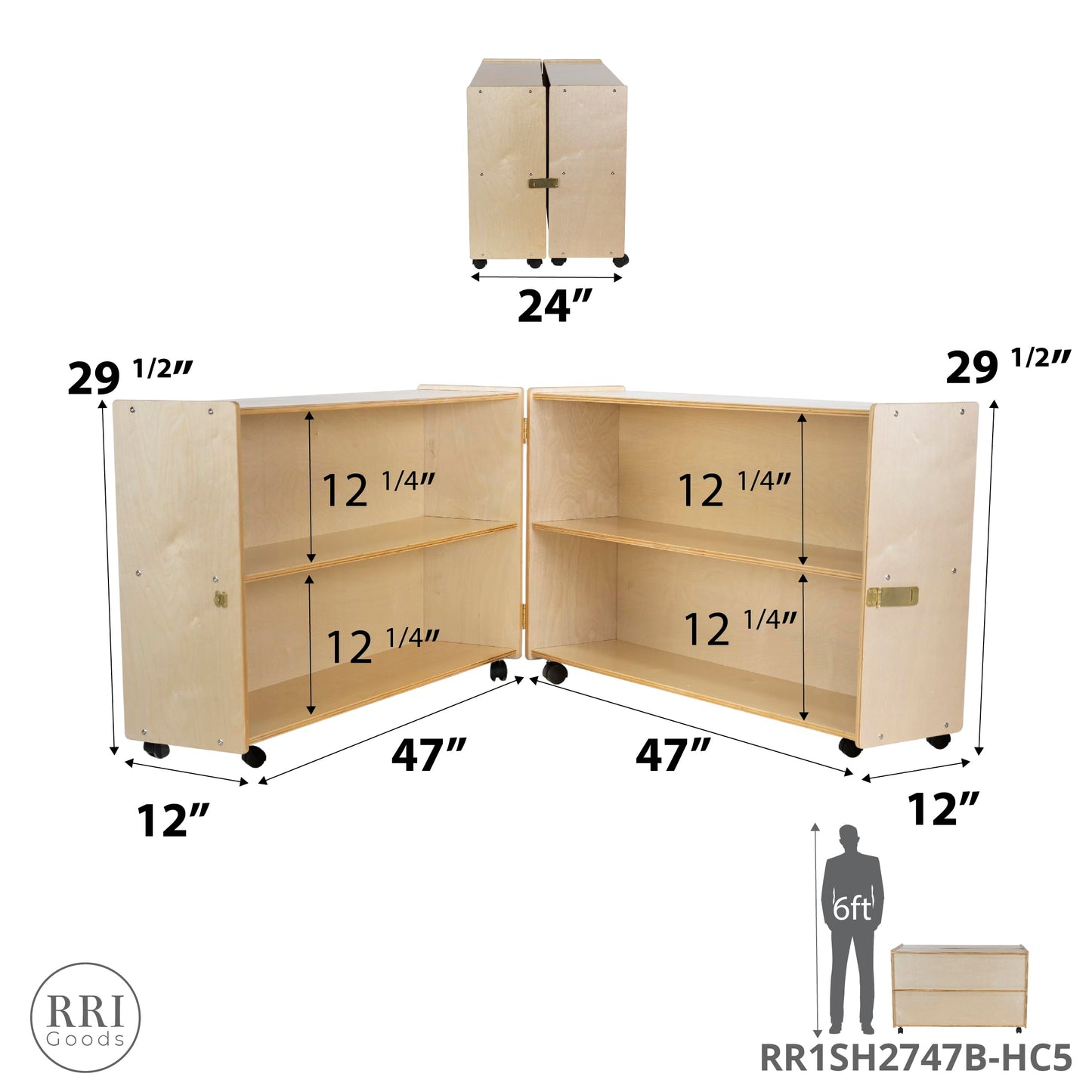 RRI Goods Folding Hinge Bookcase with Casters, 47-Inch Length Closed, 94-Inch Length Open, 2-Shelf Rolling Birch Plywood Storage Unit for Montessori, Daycare, Preschool, Home