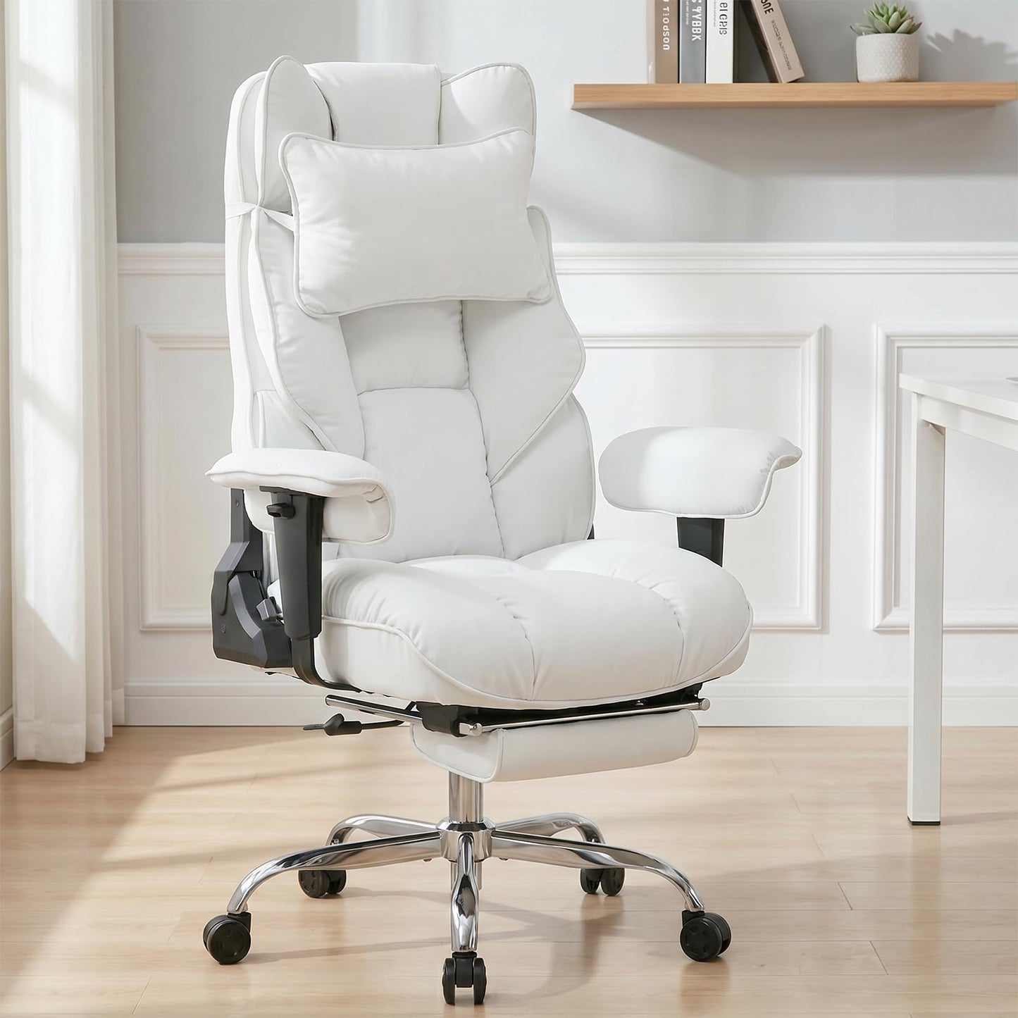 mokodo Big and Tall Office Chair 400lbs, Breathable Fabric Executive Desk Chair with Pocket Spring Cushion, 155° Reclining Computer Chair with Integrated Headrest & Lumbar Pillow (White)