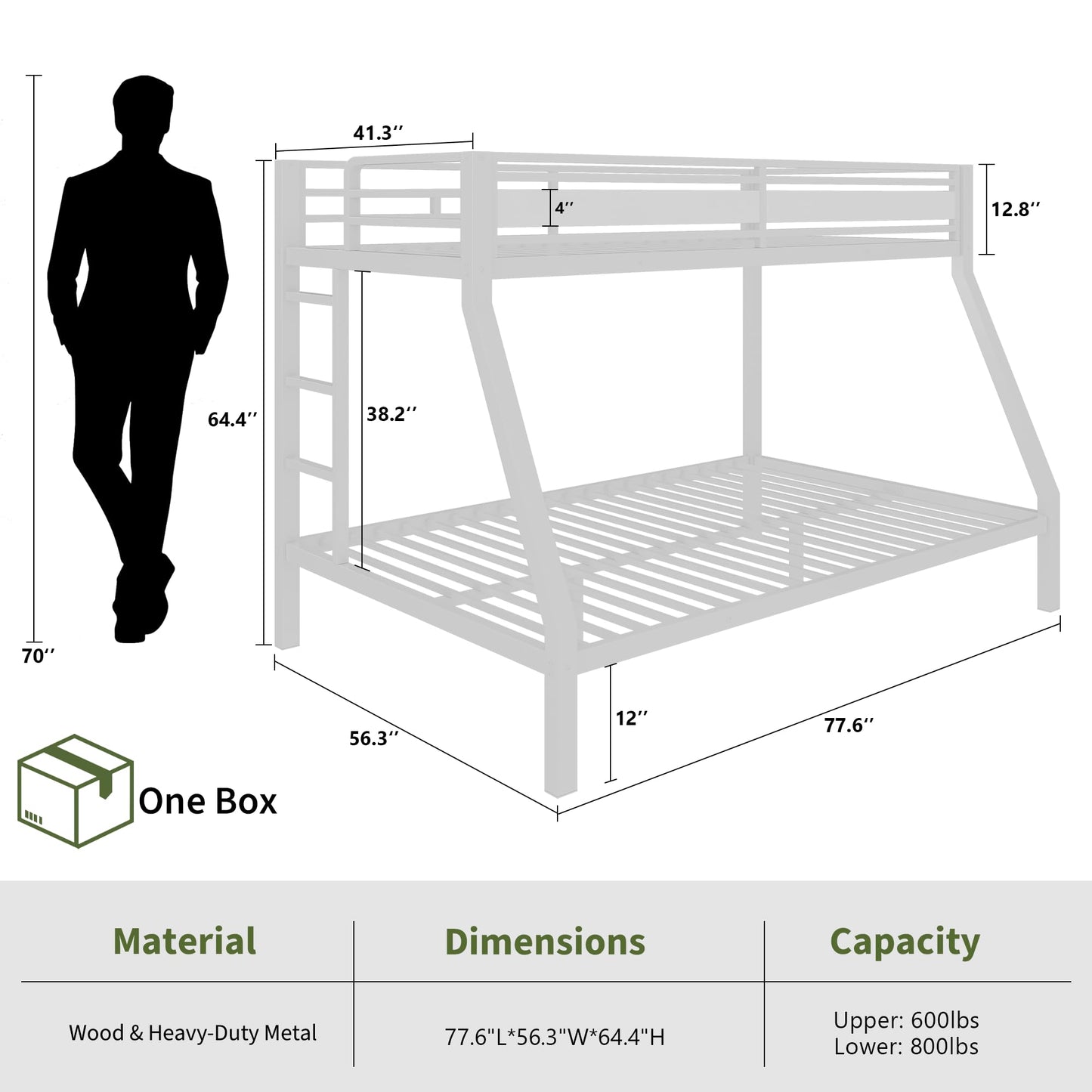 iPormis Heavy Duty Twin Over Full Bunk Beds, Metal Twin Bunk Bed Frame with 12.8" Guardrails, Loft Bed Frame for Kids and Teens, Reversible Ladder, Under Bed Storage Space, No Box Spring Needed, White