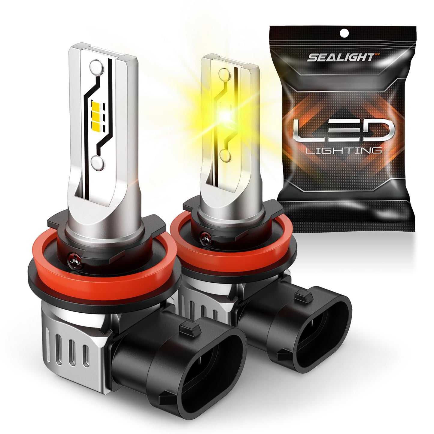 SEALIGHT H11 LED Fog Light Bulbs, 12000LM, 3000K Amber Yellow, 1:1 Size, Compatible with H8 H16, Ideal for Trucks and Cars