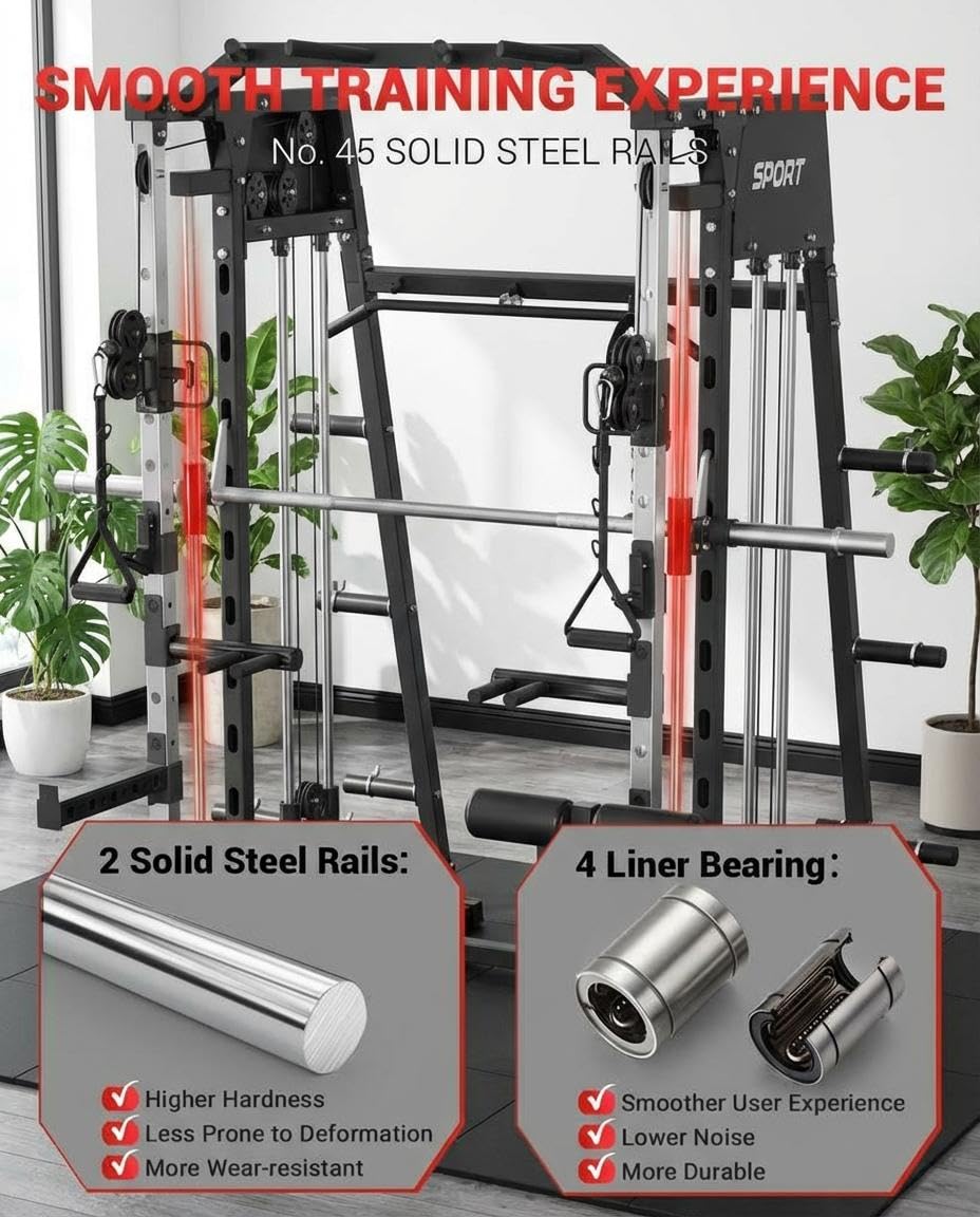 Smith Machine Home Gym All-in-1, 2200LBS Power Cage with Dual Cable Pulley Systems, LAT Pull-Down & Leg Hold-Down | Complete Strength Training Equipment for Full Body Workouts