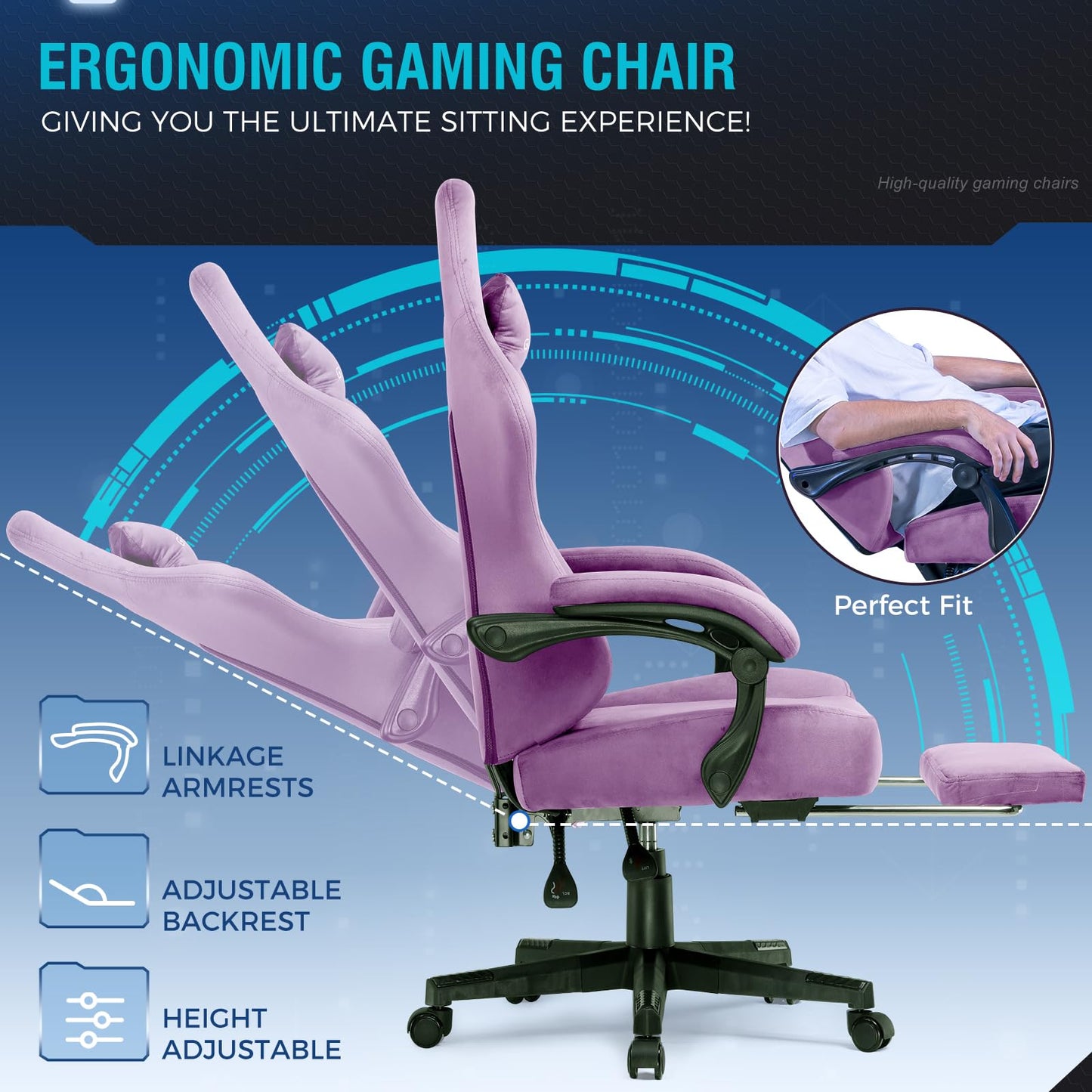 GTPLAYER Big and Tall Gaming Chair 400lbs Heavy Duty Office Chair with FootRest,High Back Pocket Spring Ergonomic Computer Chair for Adults,Wide Comfy Seated Cushion with Linkage Armrests,Light Purple