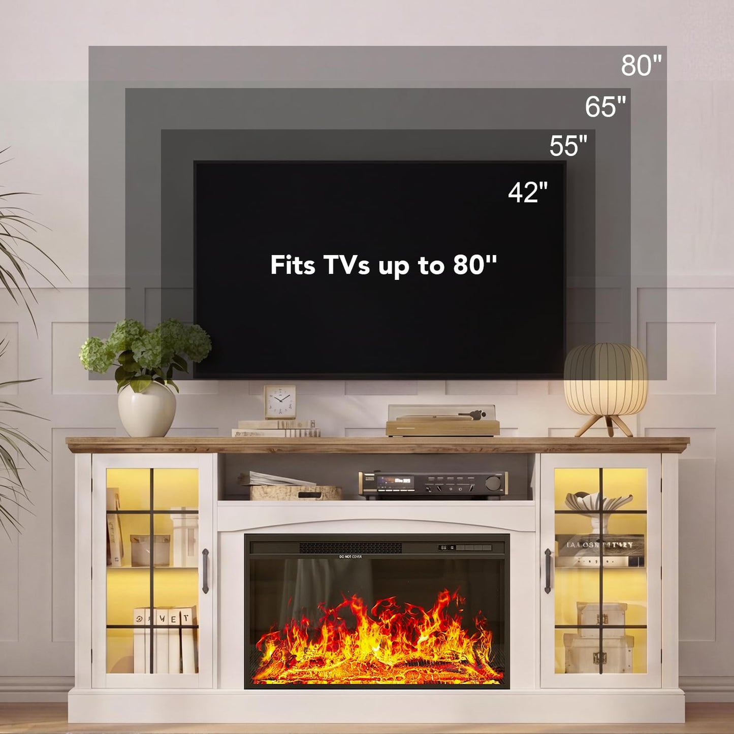 MXV 70" Farmhouse Fireplace TV Stand with 30" Electric Fireplace, Entertainment Center, Media Console Table with Large Storage Cabinets, for Living Room, White