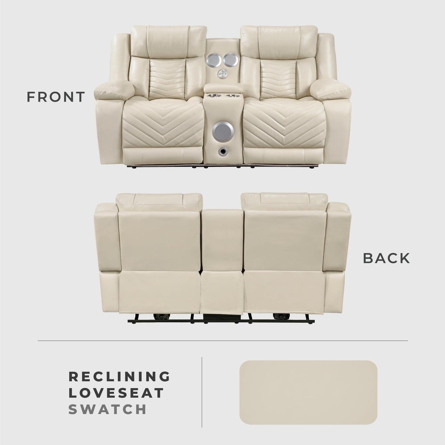 Lexicon Wall Hugger Power Double Reclining Loveseat with Console, Faux Leather Home Theater Seating with LED Lighting, Charging Ports, Bluetooth Speaker Wireless, Cup Holders, Hidden Storage, Beige