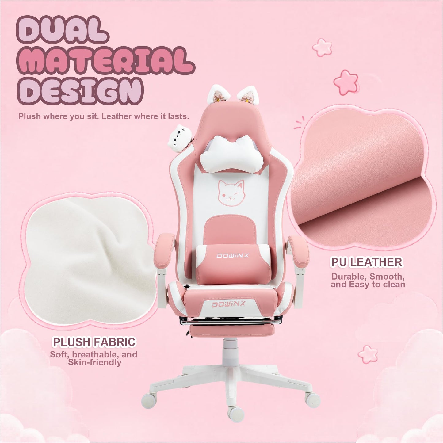 Dowinx Gaming Chair Cute with Cat Ears and Massage Lumbar Support, Ergonomic Computer Chair for Girl with Footrest and Headrest, Comfortable Reclining Game Chair 290lbs for Adult, Teen, Pink