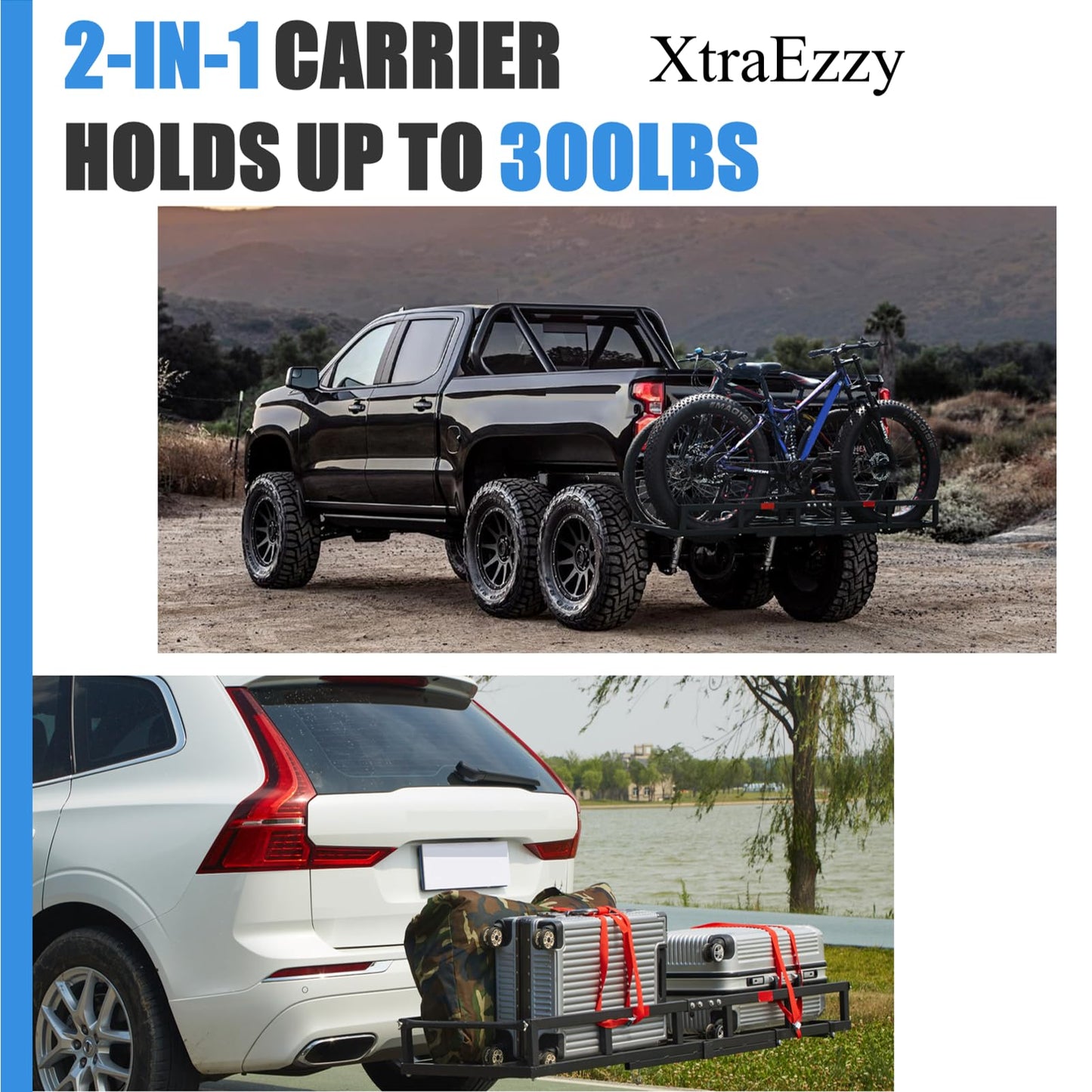 Hitch-Mount Bike Rack for Ebike Heavy-Duty - Comes with Cargo Carrier Fits 2 Electric Fat-Tire Mountain Bicycles Fits 2" Receiver for Car SUV Truck RV Minivan (Blue)