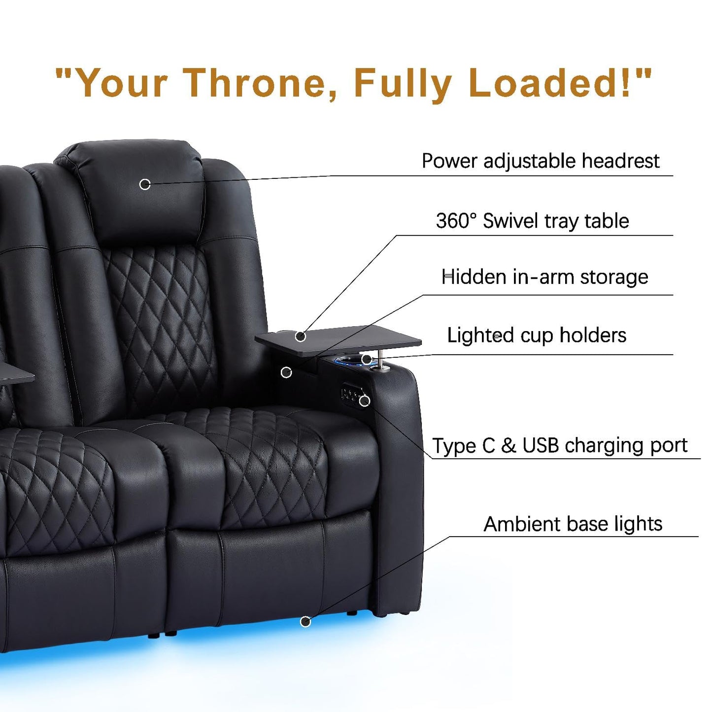 comfiroom Home Theater Seating Seats Classic Series Top Grain Leather Loveseat Recliner Chairs Dual Power Movie Gaming Sofa Chair Electric Headrest with Tray Table (Black, Row of 4 Loveseat Right)