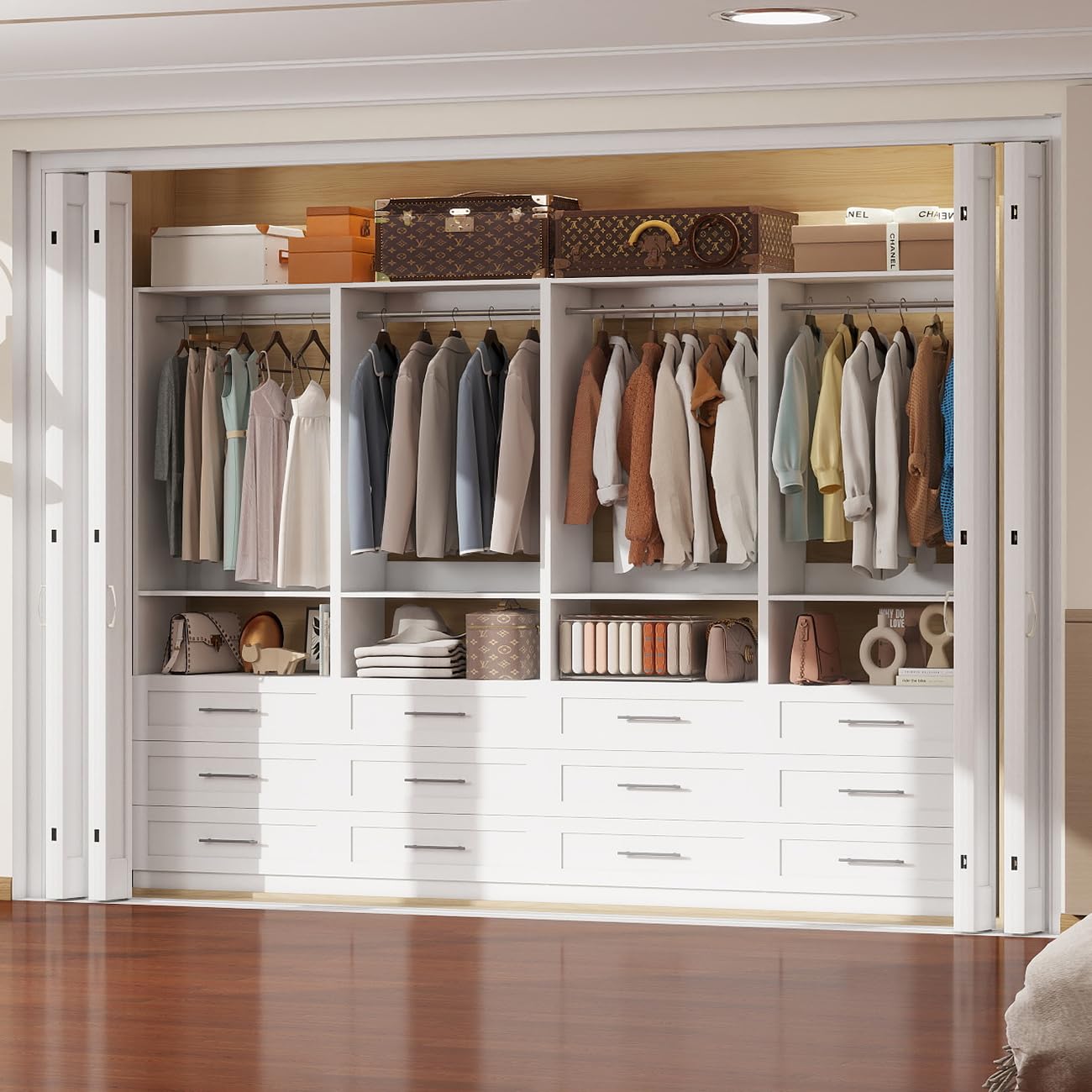 Closet System with 12 Drawers, 8FT-21FT Custom Closet Organizer System Modular Walk in Closet Freestanding Corner Closets Storage with 8 Hanging Rods & 4 Shelves, White (8FT)