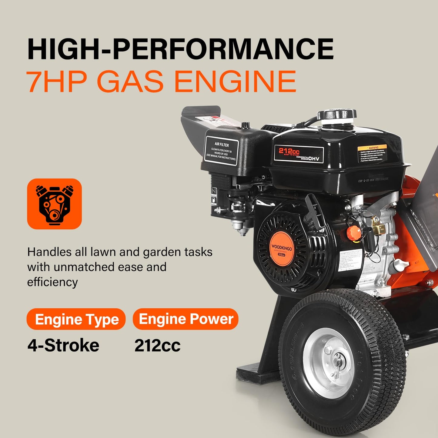 WOODKINGO Wood Chipper Shredder Mulcher Heavy Duty 7 HP Gas Powered Compact Rotor Assembly 3 Inch Max Capacity 212cc Gas Powered Engine 4-Stroke Fast Chipping Chopping for Forestry, Gardens (WK-01)