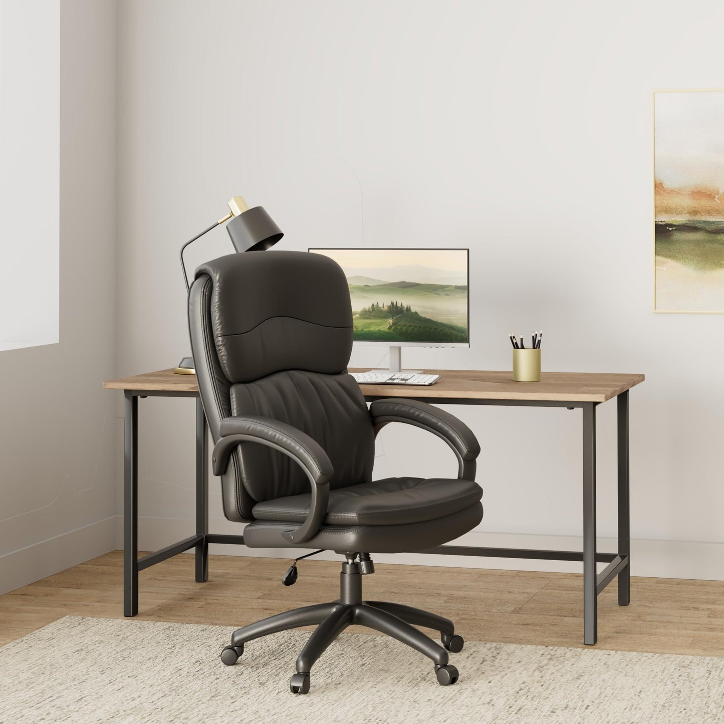 Office Star EC Series Executive Bonded Leather High Back Adjustable Office Chair with Thick Padded Contour Seat and Padded C Armrests, Black