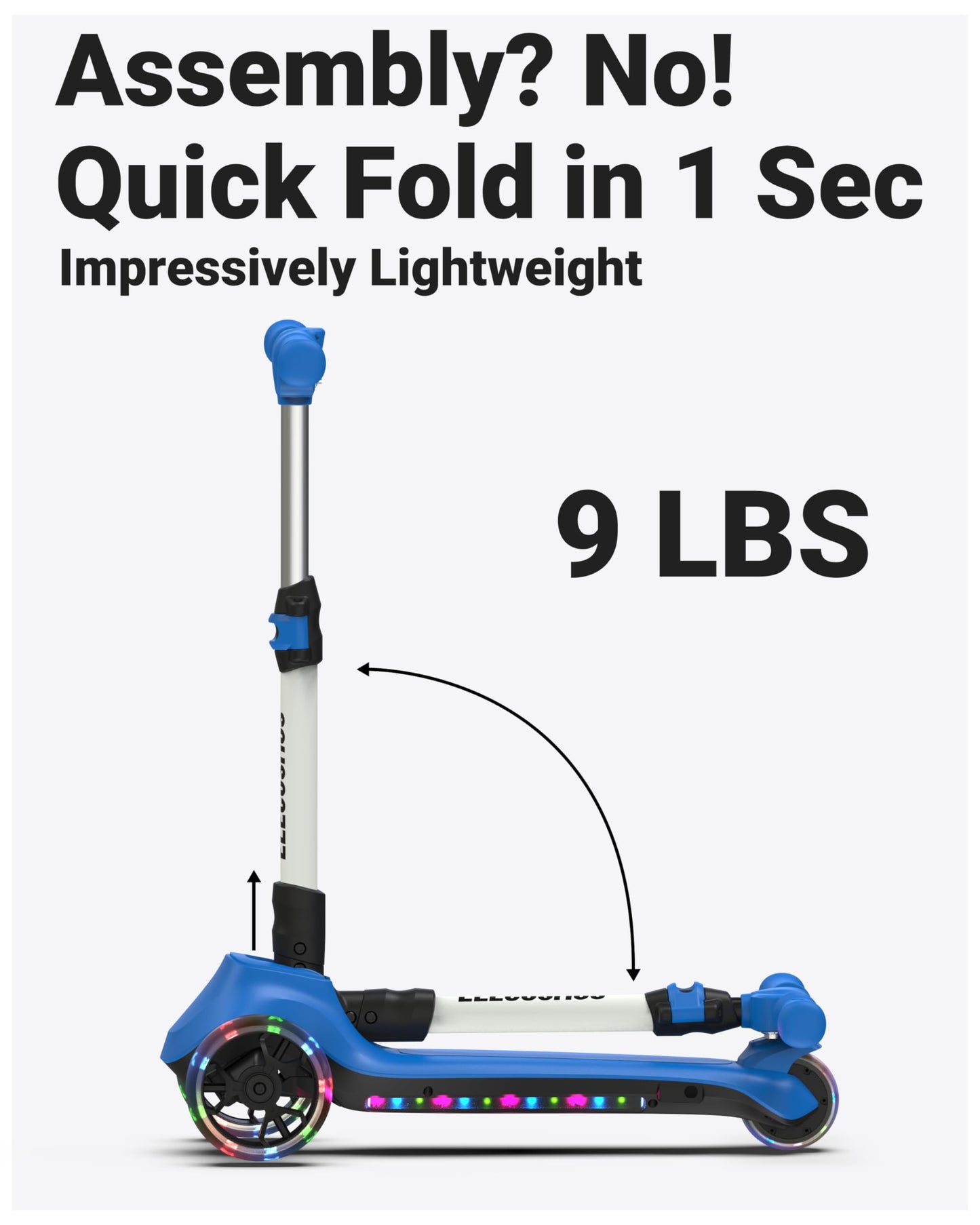 ELECOSMOS Electric Scooter for Kids Ages 5-8, 3 Extra Wide Light Up Wheels & LED Deck, 3 Heights Adjustable, 5 MPH, Super Lightweight Foldable E-Scooter for Kids, Toddlers, Girls, Boys, Black