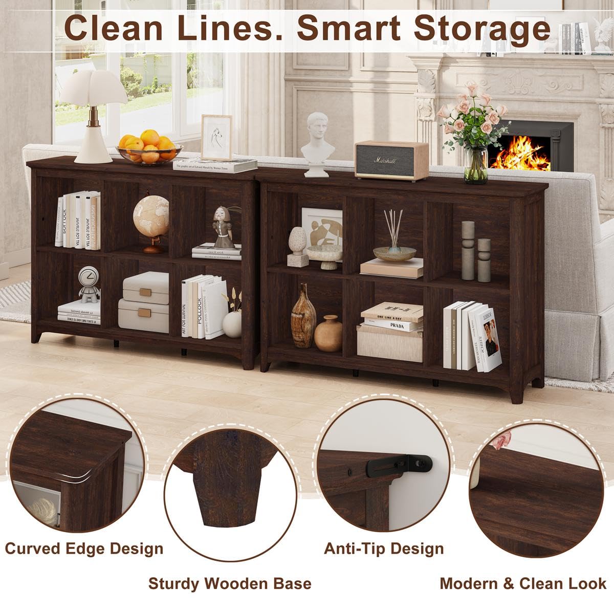BON AUGURE 6 Cube Storage Organizer Book Shelf, Horizontal Bookshelf with Round Corners, Rustic Low Wooden Bookcase for Living Room, Bedroom, Office - Brown Cherry, 43" Wide