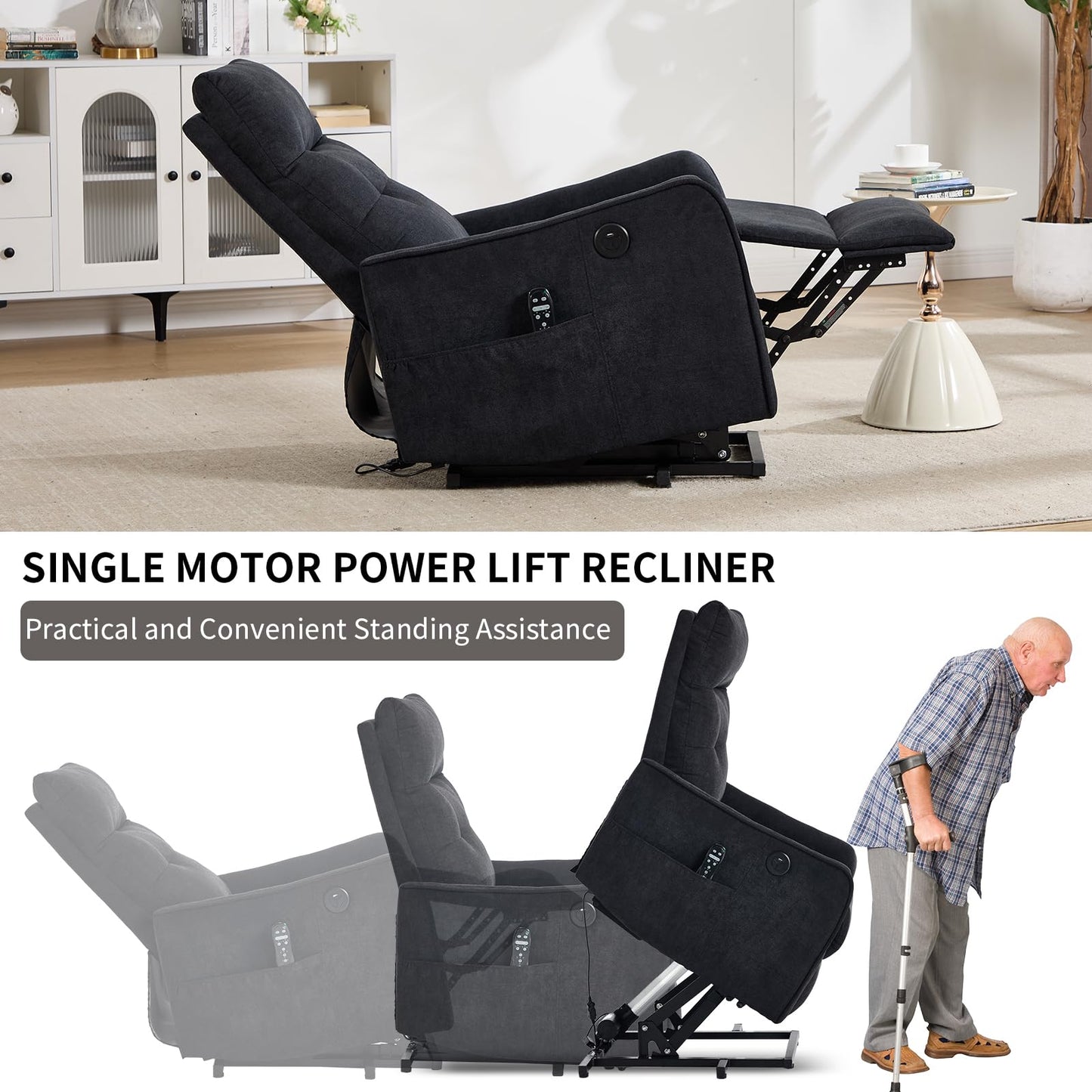 KEIKI Single Motor Power Lift Recliner Chair with Massage and Heat for Home Theater, Soft Fabric Finish with USB Charging Port and Motion Mechanism for Elderly