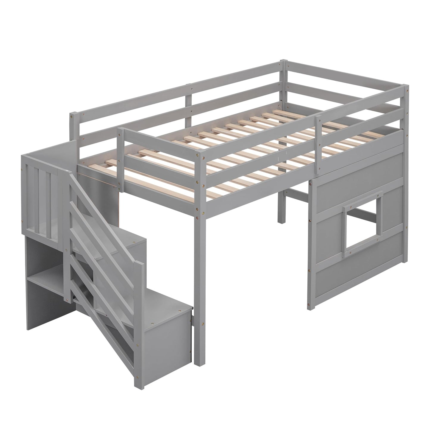 Merax Twin Size Loft Bed with Storage Staircase, Solid Wood Loft Bed Frame with LED Light and Safety Guardrail, Under-Bed Play Space, Playhouse Beds for Kids, Boys, Girls,Grey