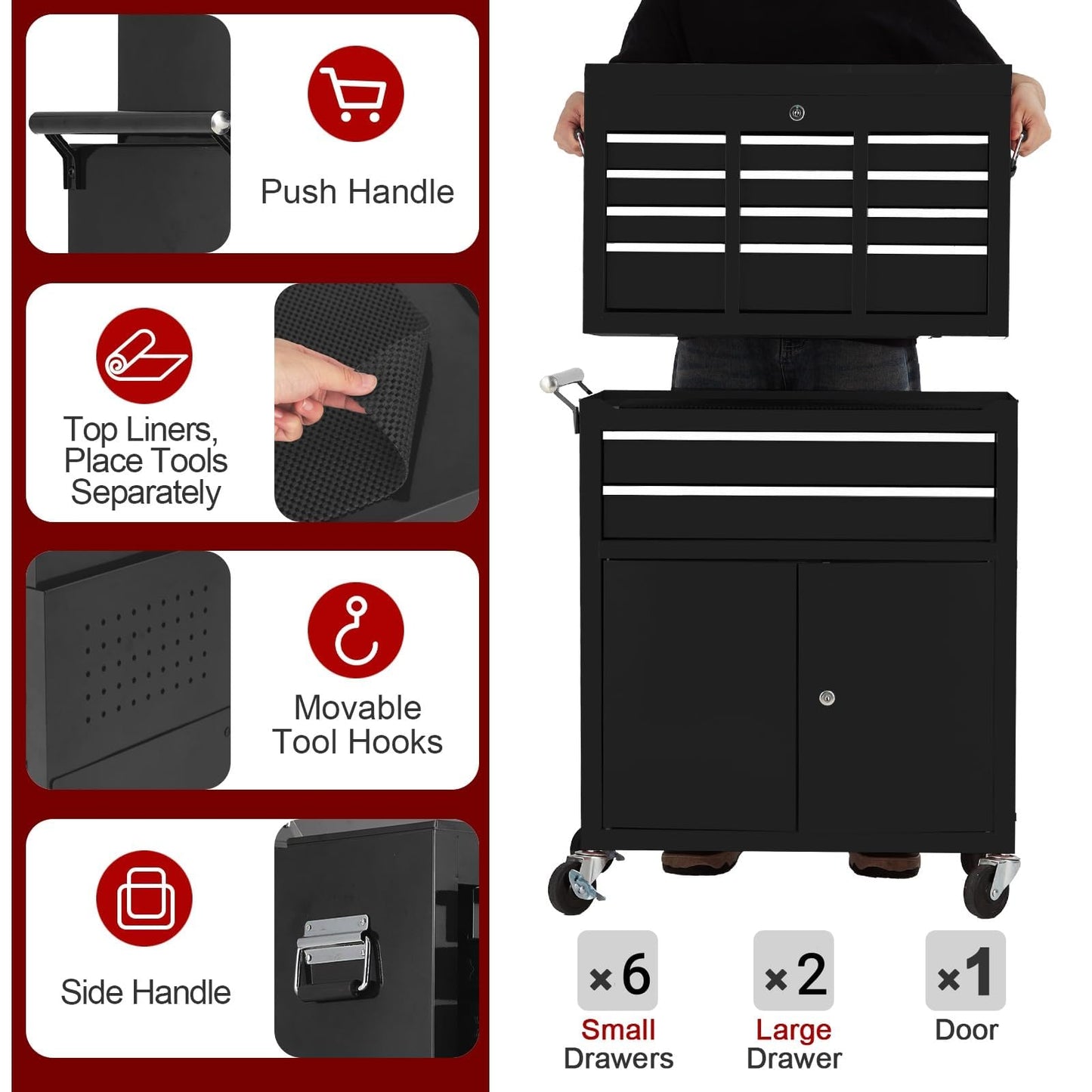 8-Drawer Rolling Tool Chest with Wheels, 2-in-1 Detachable Tool Box Cabinet, Steel Tool Cart Organizer with Portable Top Chest, Lockable Drawers and Casters for Garage, Workshop, Shop, Black