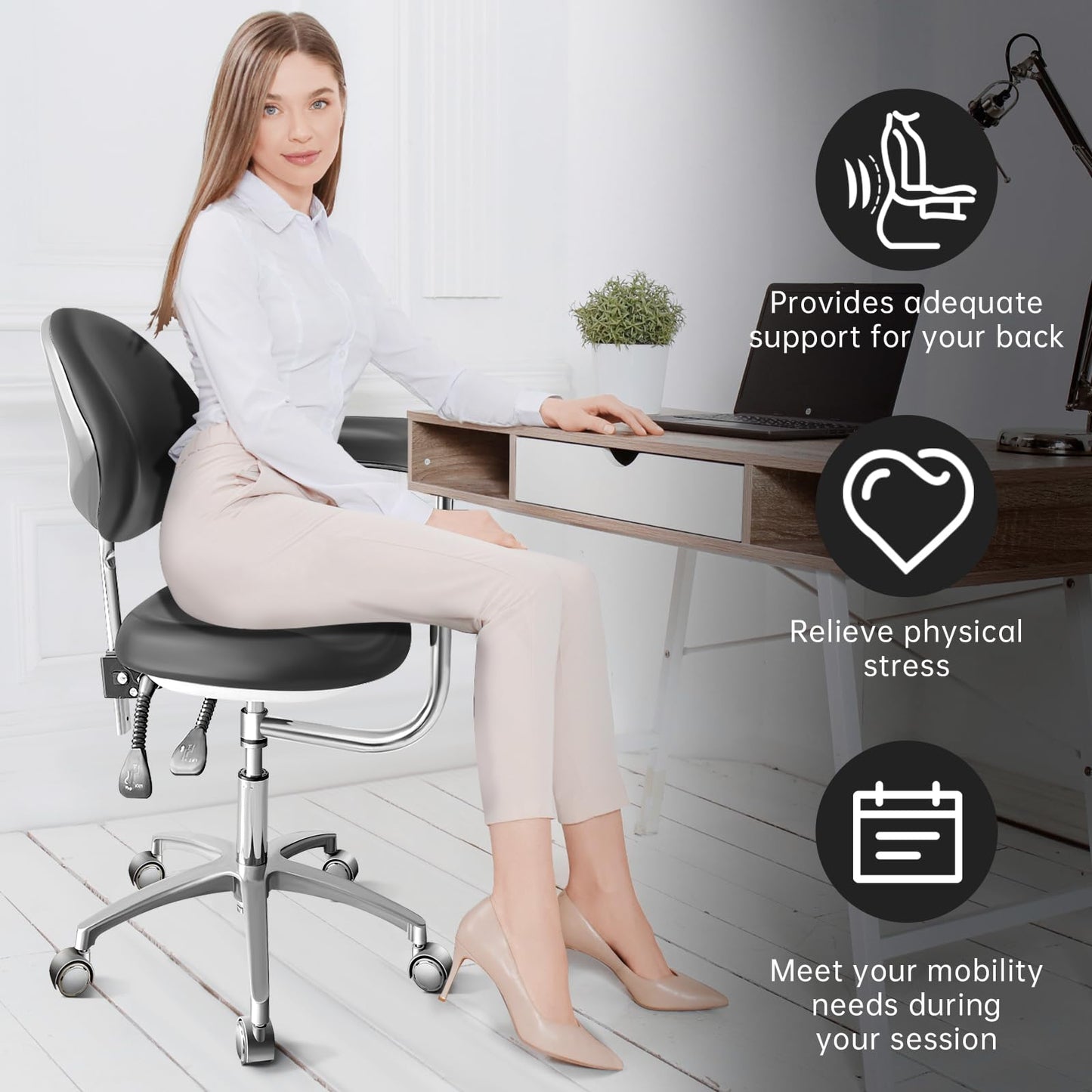 Dental Assistant Chair PU Leather with Swivel Armrests, Rolling Dental Chair, Ergonomic Swivel Dentist's Stool with Backrest for Clinics, Tattoo, Home and Laboratory - Black