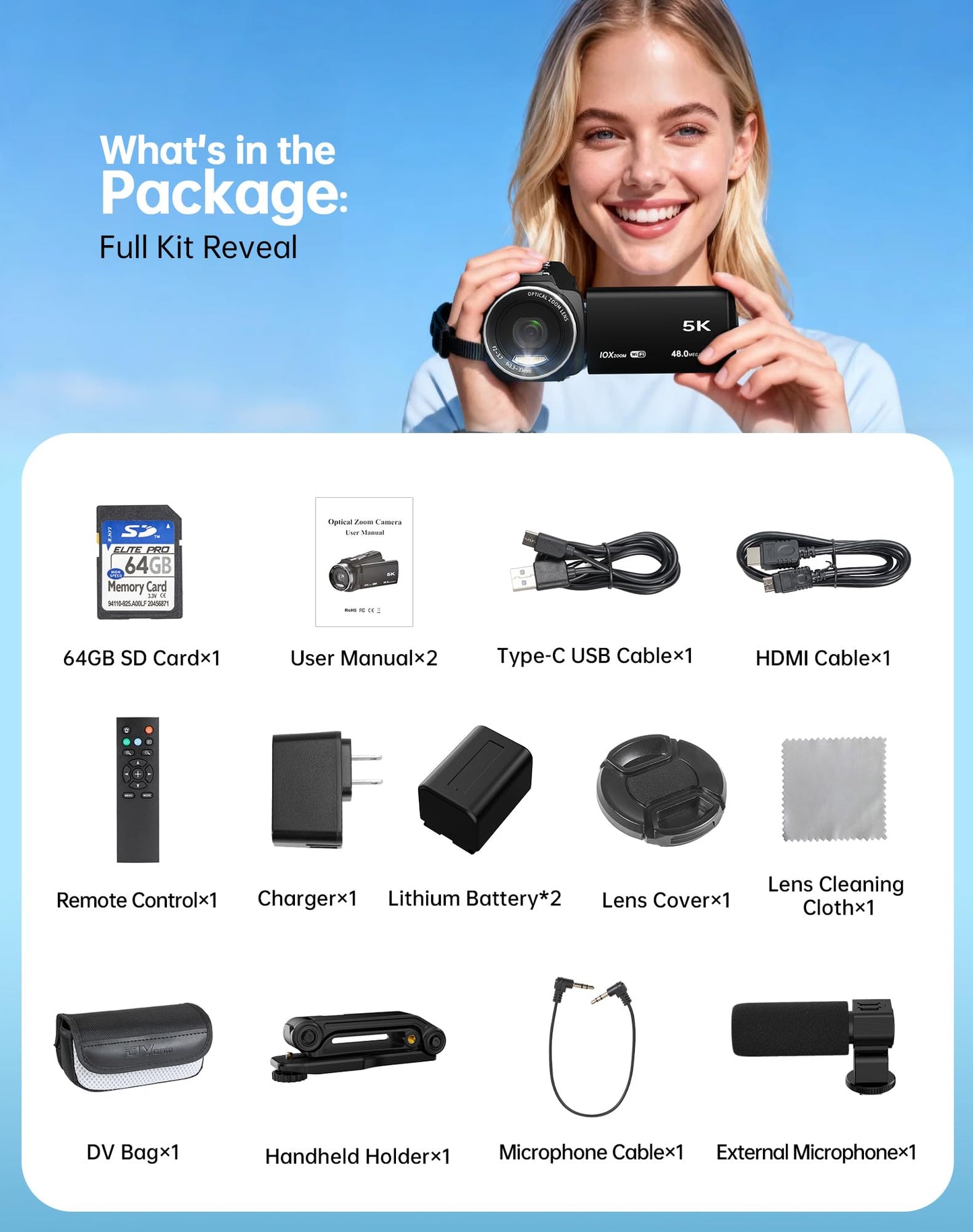 5K Video Camera Camcorder 48MP UHD WiFi Vlogging Camera for YouTube,10X Optical Zoom 3.0'' IPS Touch Screen Anti-Shake Digital Camera with LED Fill Light,64GB Card,Mic,Stabilizer,Remote,2 Batteries