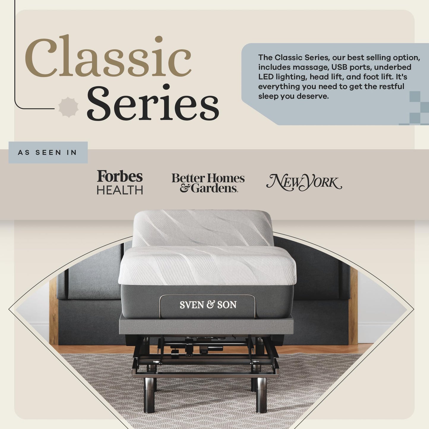 Sven & Son Classic Adjustable Bed Base, Head and Foot Lift, Massage, Under-Bed Lights, USB, Gel Memory, Zero Gravity Smart Frame - Twin XL + 14 inch Hybrid Spring Matt (Medium Soft)