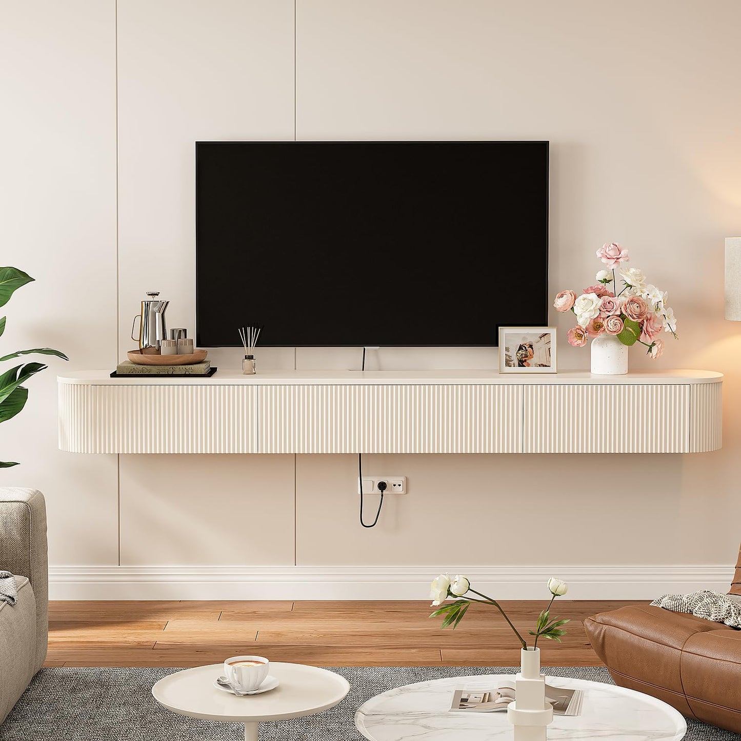 FloatiCasa Floating TV Stand with Drawers 94'',Wall Mount TV Stand,Floating Entertainment Center Shelf for Bedroom Living Room Under TV,Fully Assembled,Off-White