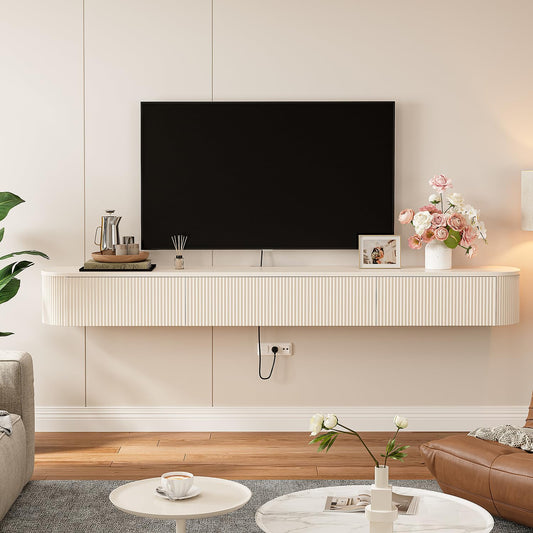 FloatiCasa Floating TV Stand with Drawers 94'',Wall Mount TV Stand,Floating Entertainment Center Shelf for Bedroom Living Room Under TV,Fully Assembled,Off-White