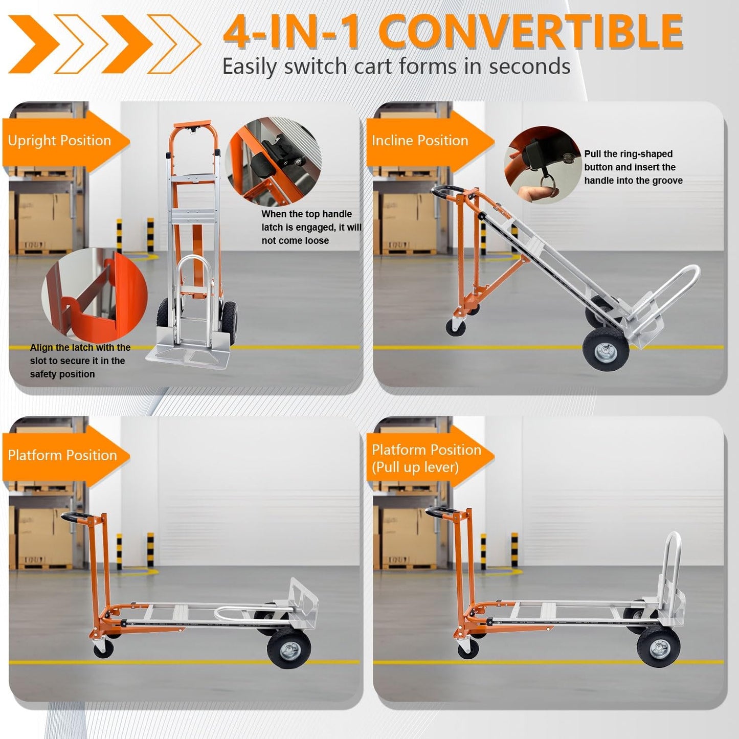 4 in 1 Convertible Hand Truck 1000LBS, Aluminum Folding Dolly Cart, SST Heavy Duty with Pneumatic Wheels & 4-Mode Switching for Moving, Warehouse, Construction, 51" Platform