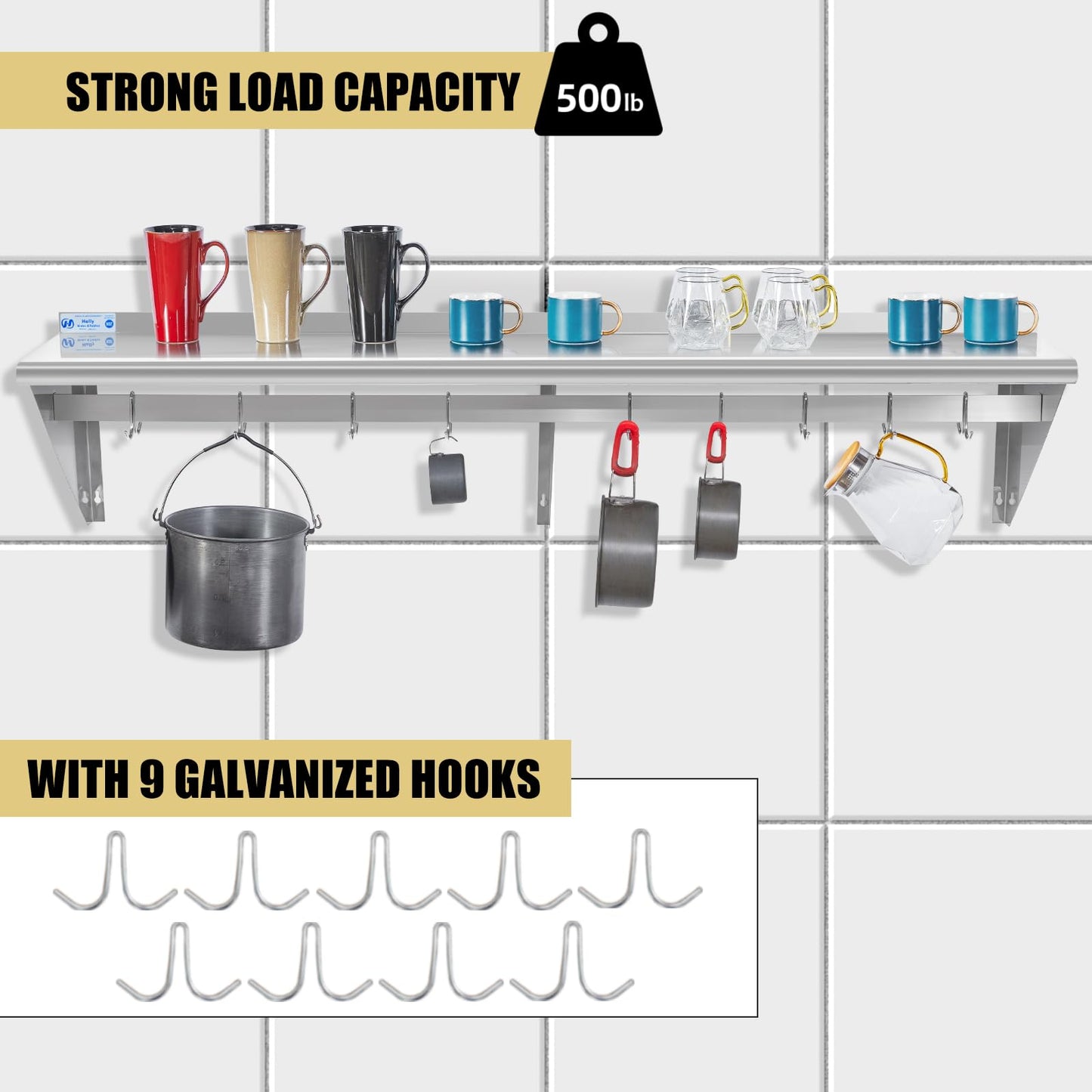Hally Stainless Steel Shelf with 9 Hooks 18" x 72" Wall Mounted Pot Rack 500lb, NSF Commercial Floating Shelving for Storage Hanging Pots, Pans, cookware in Restaurant, Kitchen, Home and Hotel