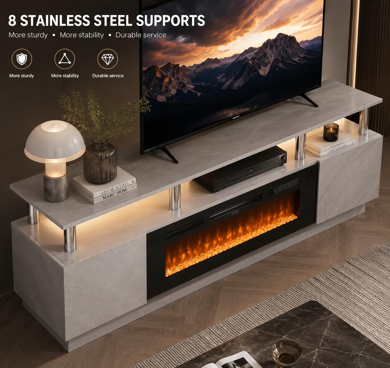 OneBlis 70" TV Stand for Living Room, Entertainment Center with Storage Cabinet, Fits TVs up to 80", Modern Media Console with Shelves, 36" Electric Fireplace (Grey+Black)