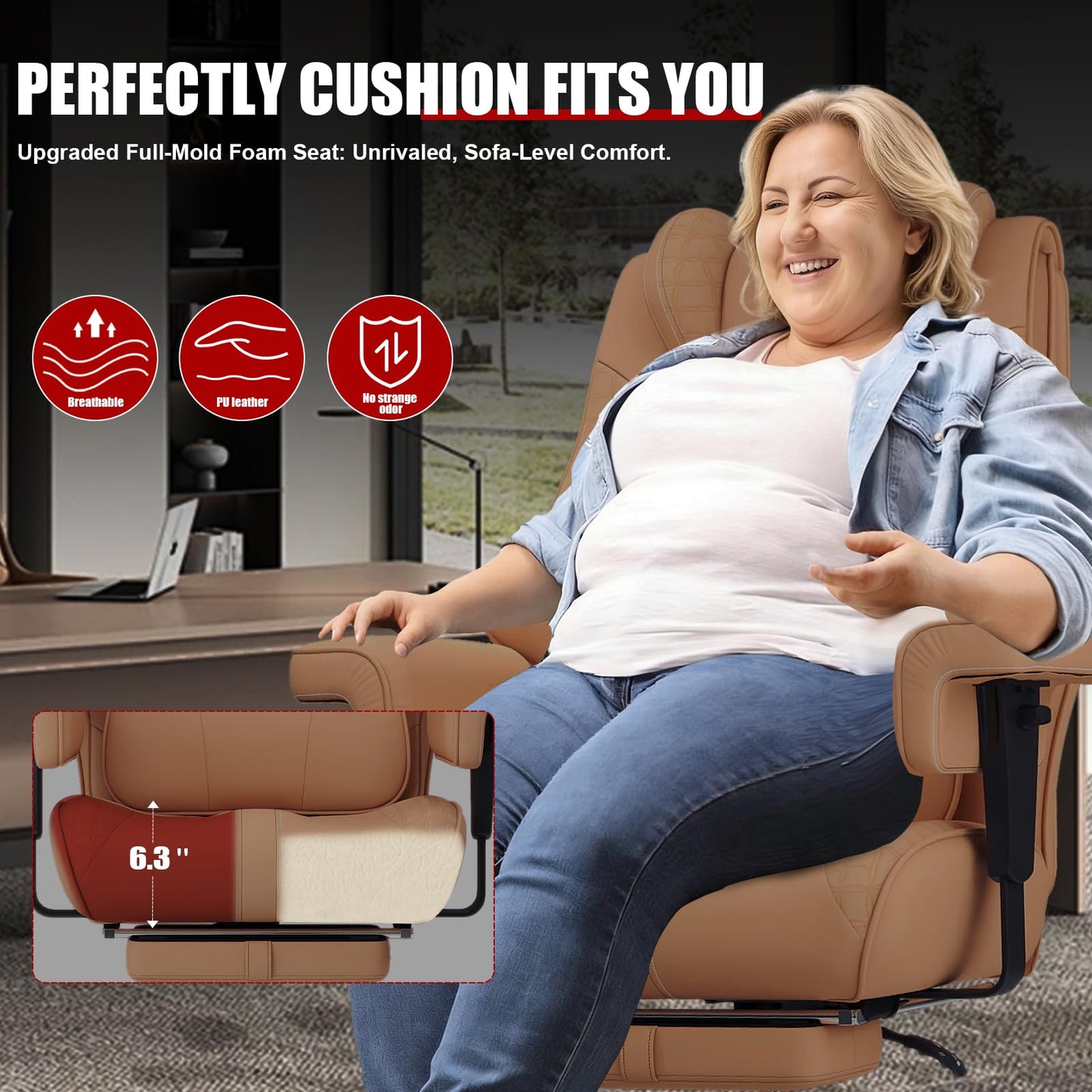 400lbs Big and Tall Office Chair, Wide Ergonomic Leather Executive Chair for Heavy People with Foot Rest, High-Back Reclining Computer Chair with Swivel Wheels and Lumbar Support (Brown)