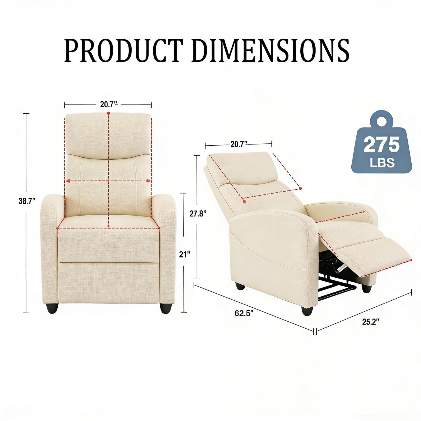 Simple Deluxe Recliner Chair - Adjustable Push Back PU Leather Recliner, Plush Reading Chair & Luxe Sofa Chair for Living Room Chairs or Bedroom Chair, Single Recliner for Home Theater, Beige