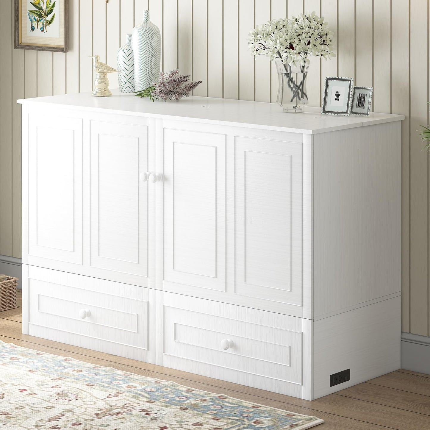 Mjkone Queen Size Murphy Bed Cabinet with Tri-Folding Mattress Included, Chest Cabinets Bed with USB Charging Station, Wall Beds with Storage Drawers for Guest Bedroom Apartment Office, White