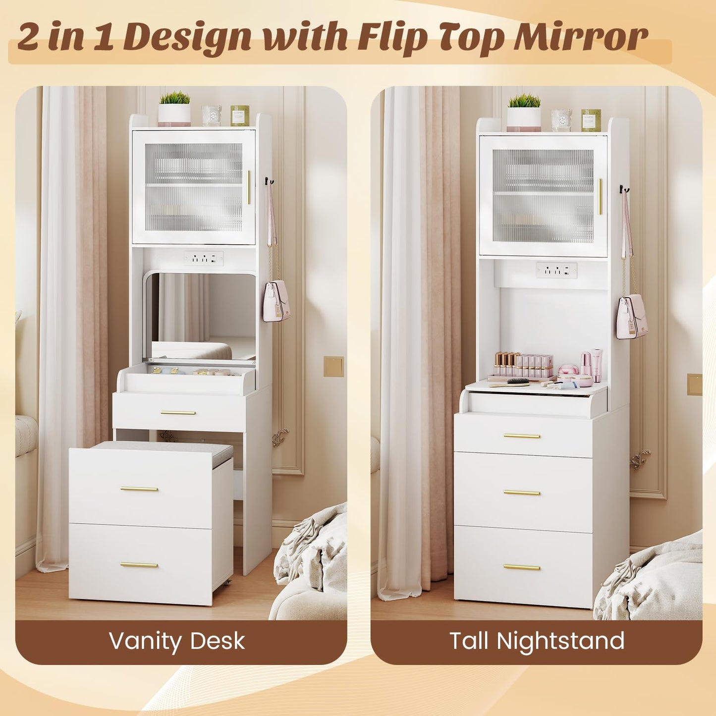 CHARMAID 3-in-1 Vanity Desk with Flip Top Mirror, Storage Stool on Wheels, Compact Makeup Vanity Table with Charging Station, Fluted Cabinet & Drawers, Tall Nightstand for Bedroom & Apartment, White