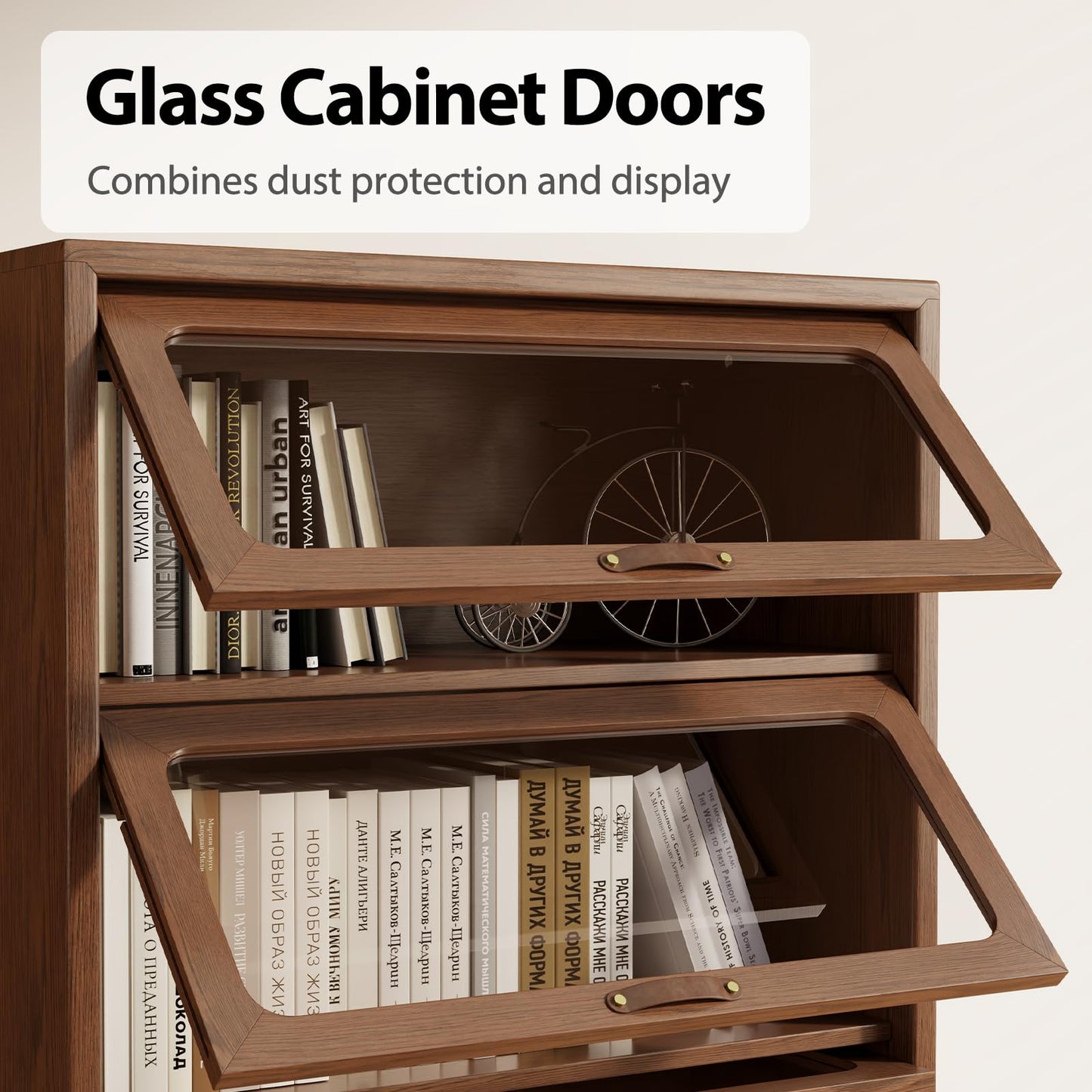 AQIMUELE Solid Wood Storage Cabinet with Glass Doors, 3 Shelf Small Storage Cabinet, Mid Century Modern Bookcase, Kitchen Pantry Cabinet (Walnut-Clear Glass, 31.5" W)