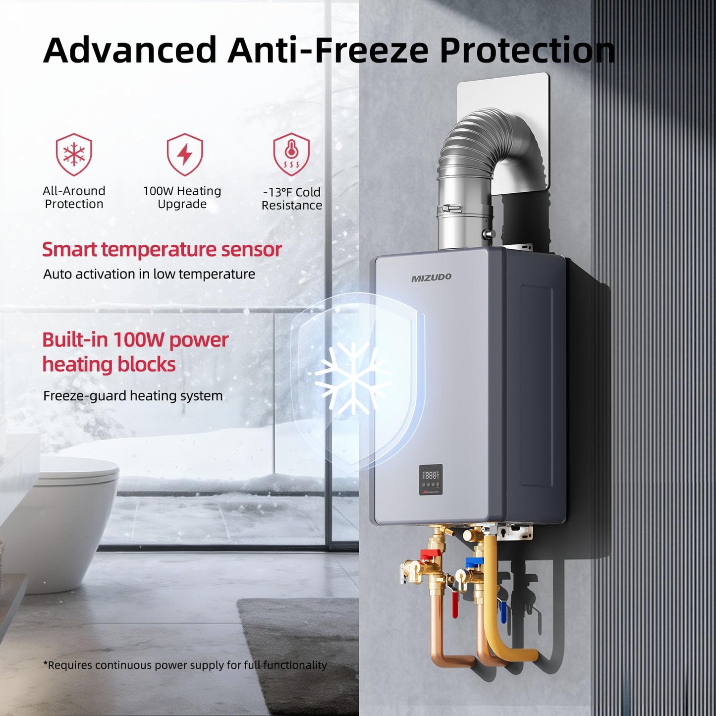 MIZUDO Natural Gas Tankless Water Heater, 199,000 BTU, Indoor Installation, Max 10.3 GPM, WiFi&APP Control, Non Condensing, High Efficiency for Large Families Residential Whole House