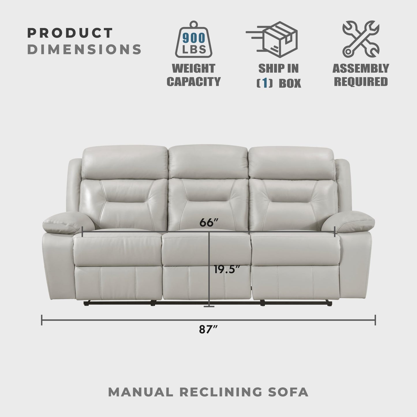 Lexicon Reclining Sofa for Living Room, Double Recliner RV Couch, Manual Wall Hugger Recliner, Home Theater Seating Leather Match Reclining Sofa with Pillow Top Armrests, 87''W Couch, Silver