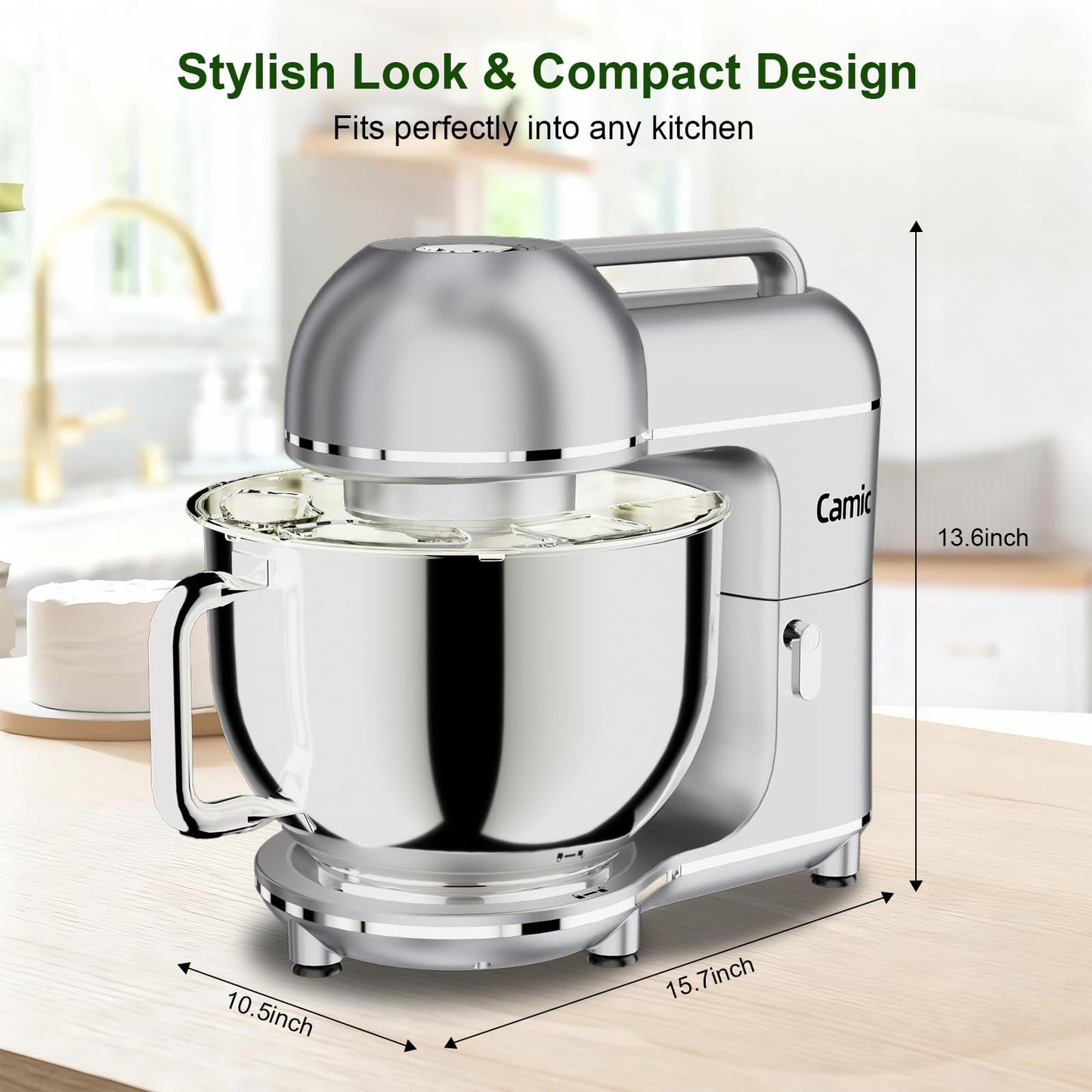 Camic Electric Stand Mixer,7.45 QT,10 Speeds with Dough Hook,Whisk, Flat Beater Attachments, Splash Guard, Easy-Carry Top Handle,3-IN-1 Kitchen Mixer for Baking Cakes Cookie Bread Salad (Silver)