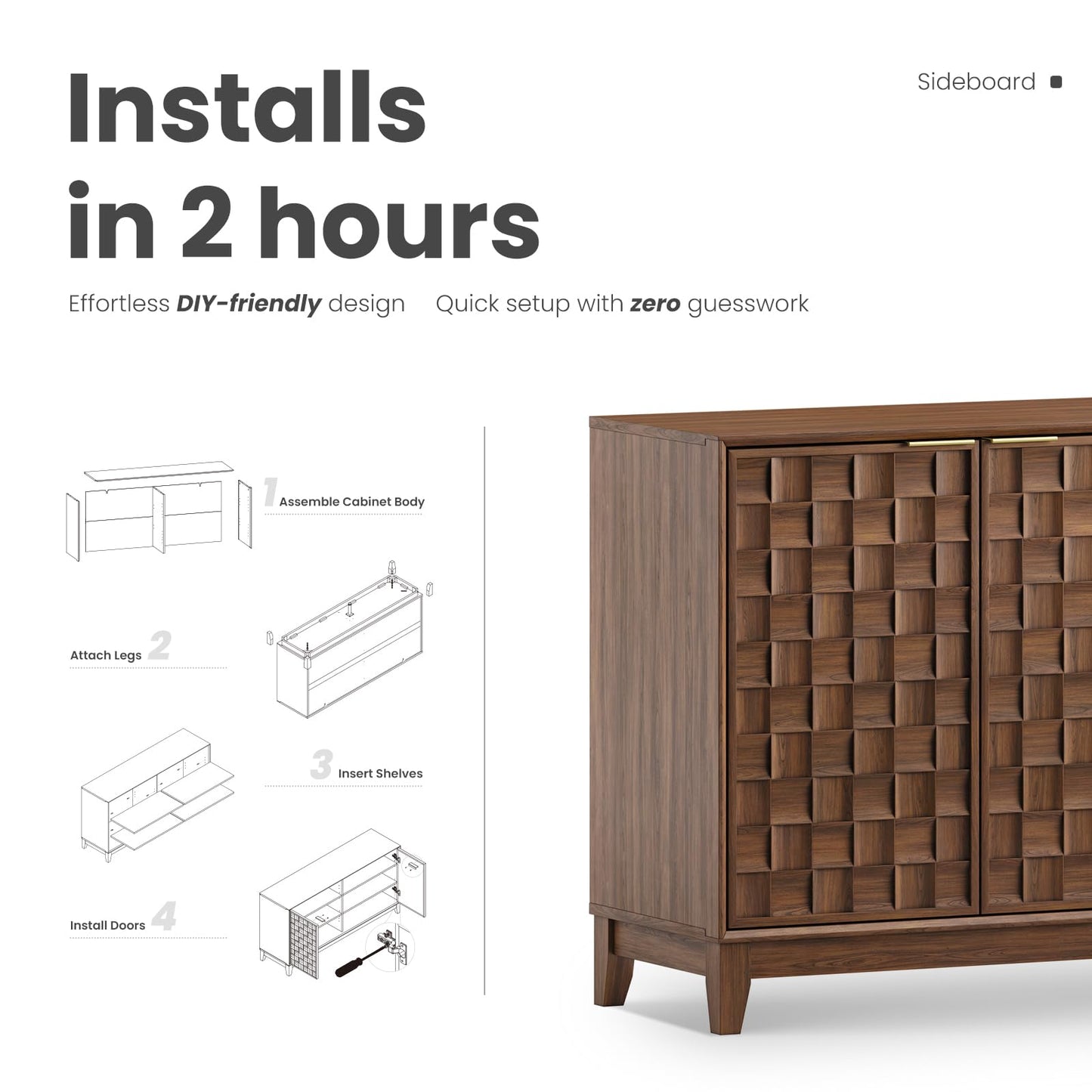 COLAMY Fluted Sideboard Cabinet with Storage, Solid Wood Buffet for Dining Room, Credenza Console with Adjustable Shelves, Walnut Finish, Mid Century Modern Style, Walnut