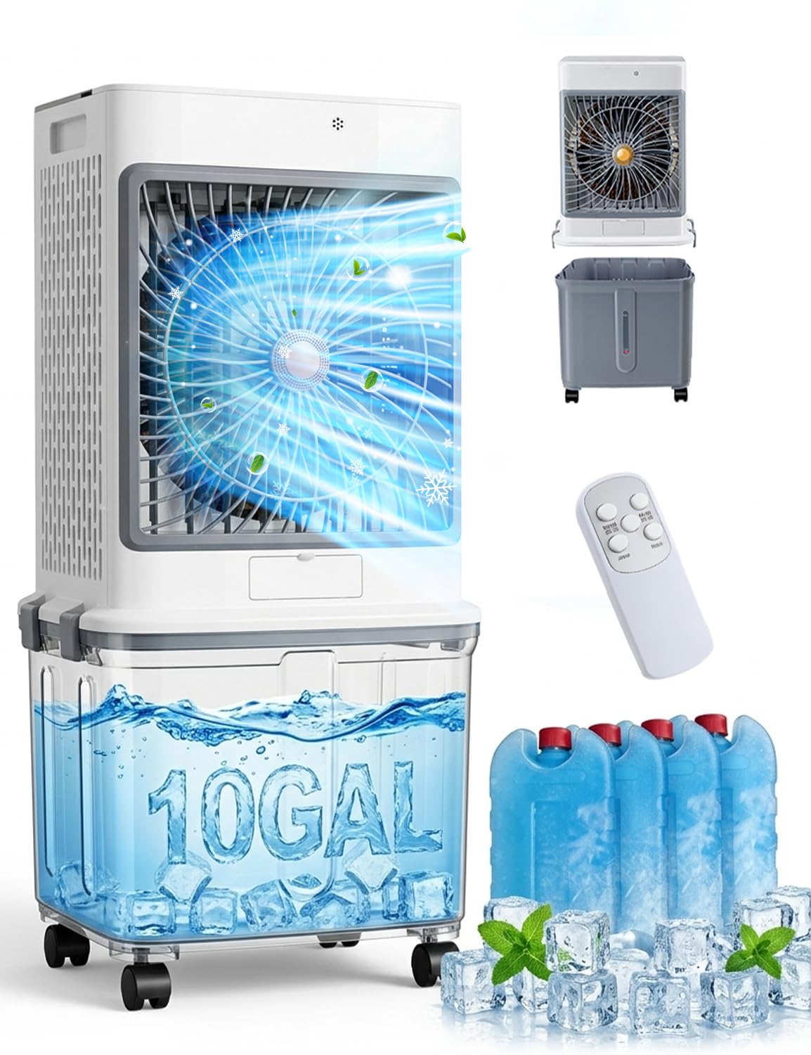 Swamp Cooler, Portable Air Conditioners Evaporative Air Cooler with 10GAL Detachable Tank, Windowless AC Unit Cooling Fan That Blow Cold Air with 120° Swing, 3 Speeds, Timer for Garage Patio Workshop