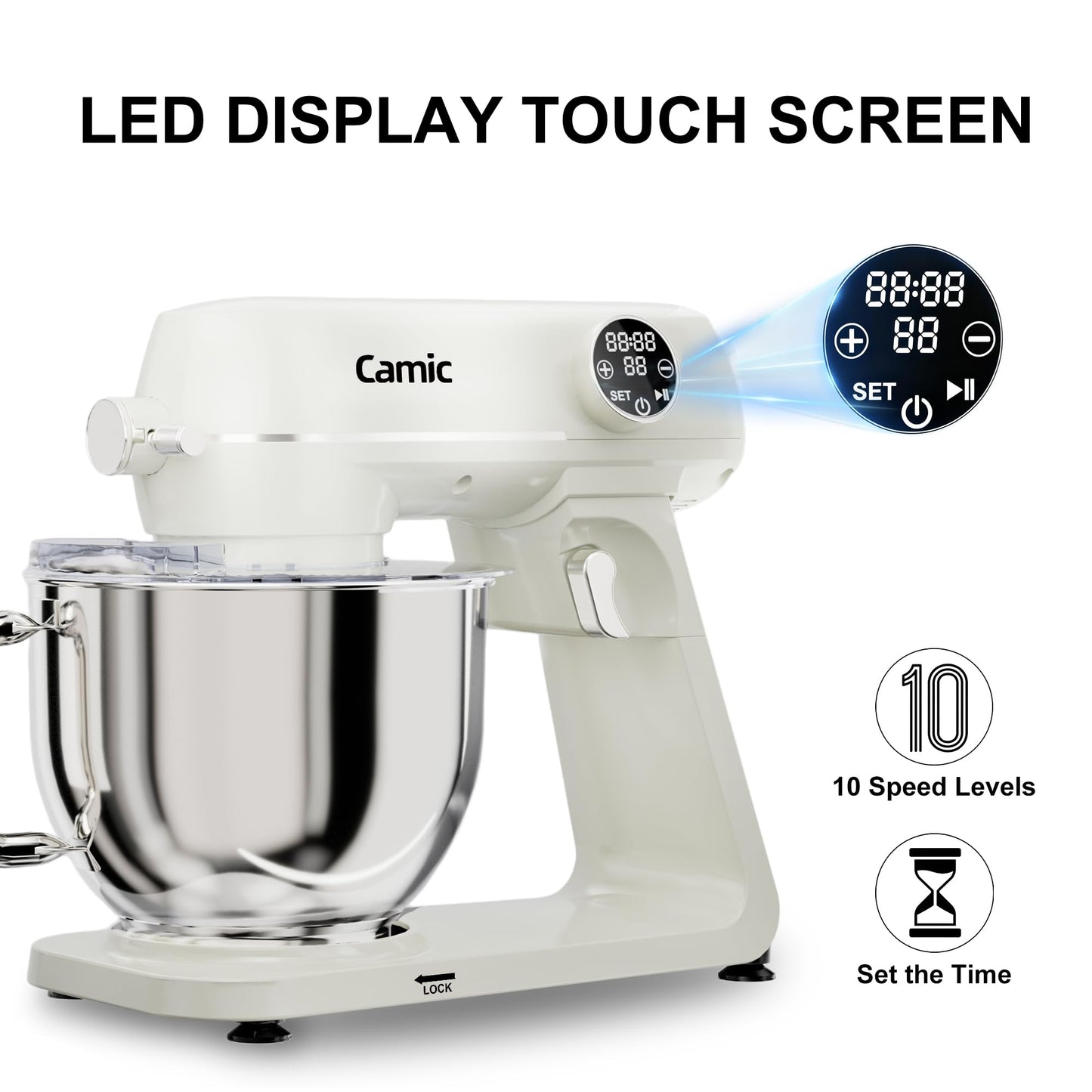 8.45 QT All Metal Stand Mixer,10 Speed Large Capacity Kitchen Mixer with Digital Timer & Tilt-Head, Electric Mixer with Whisk Dough Hook Mixing Beater for Baking,Cakes,Cookie,Bread,Salad (White)